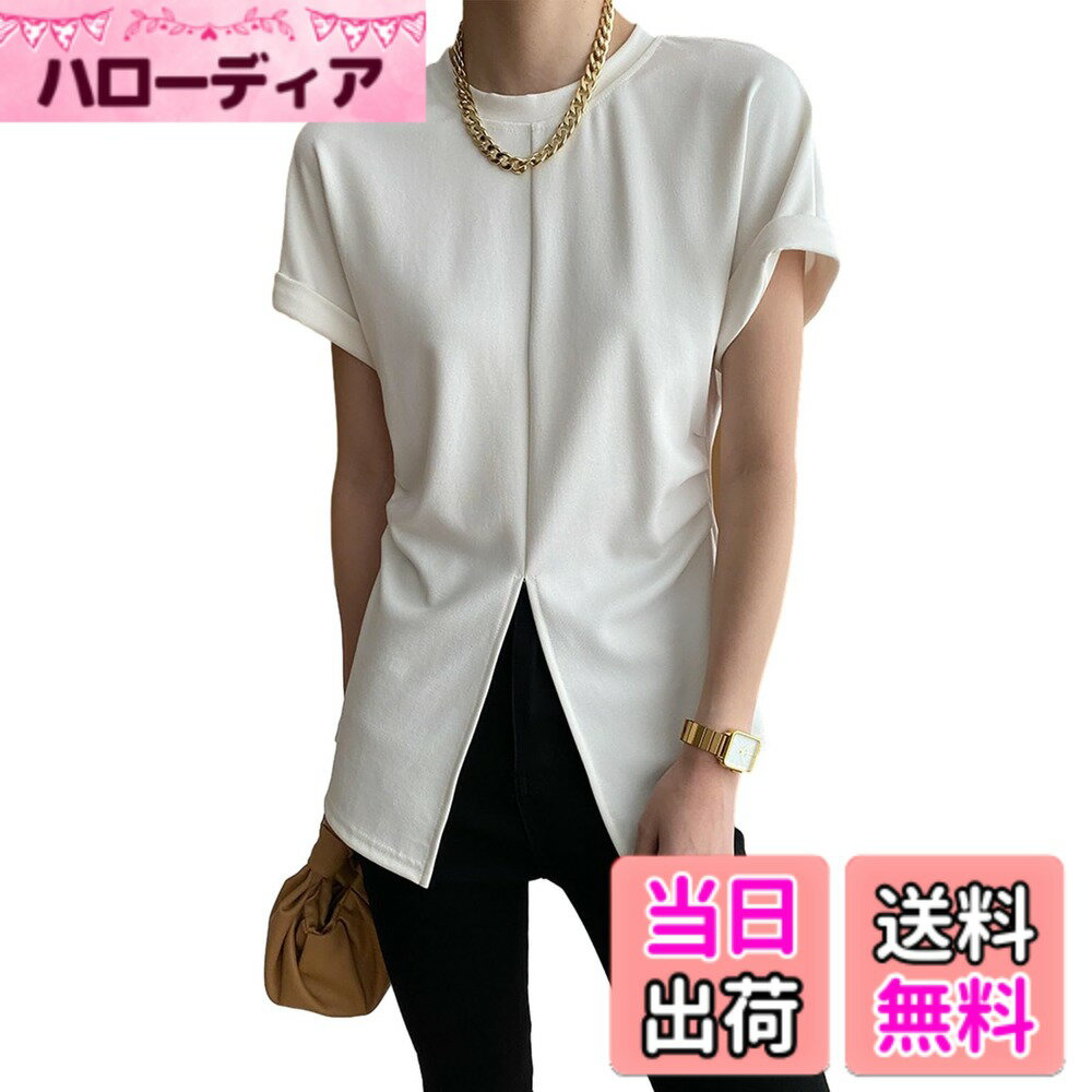 【送料無料】[RoyzTocz] レディース tシャツ 薄手 ゆったり 体型カバー クルーネック スリット入り カットソー シンプル 可愛い 着痩せ 通勤 オフィス 部屋着 アウトドア 上品 大人 カジュアル 日常 春 夏 色：ホワイト、サイズ：L