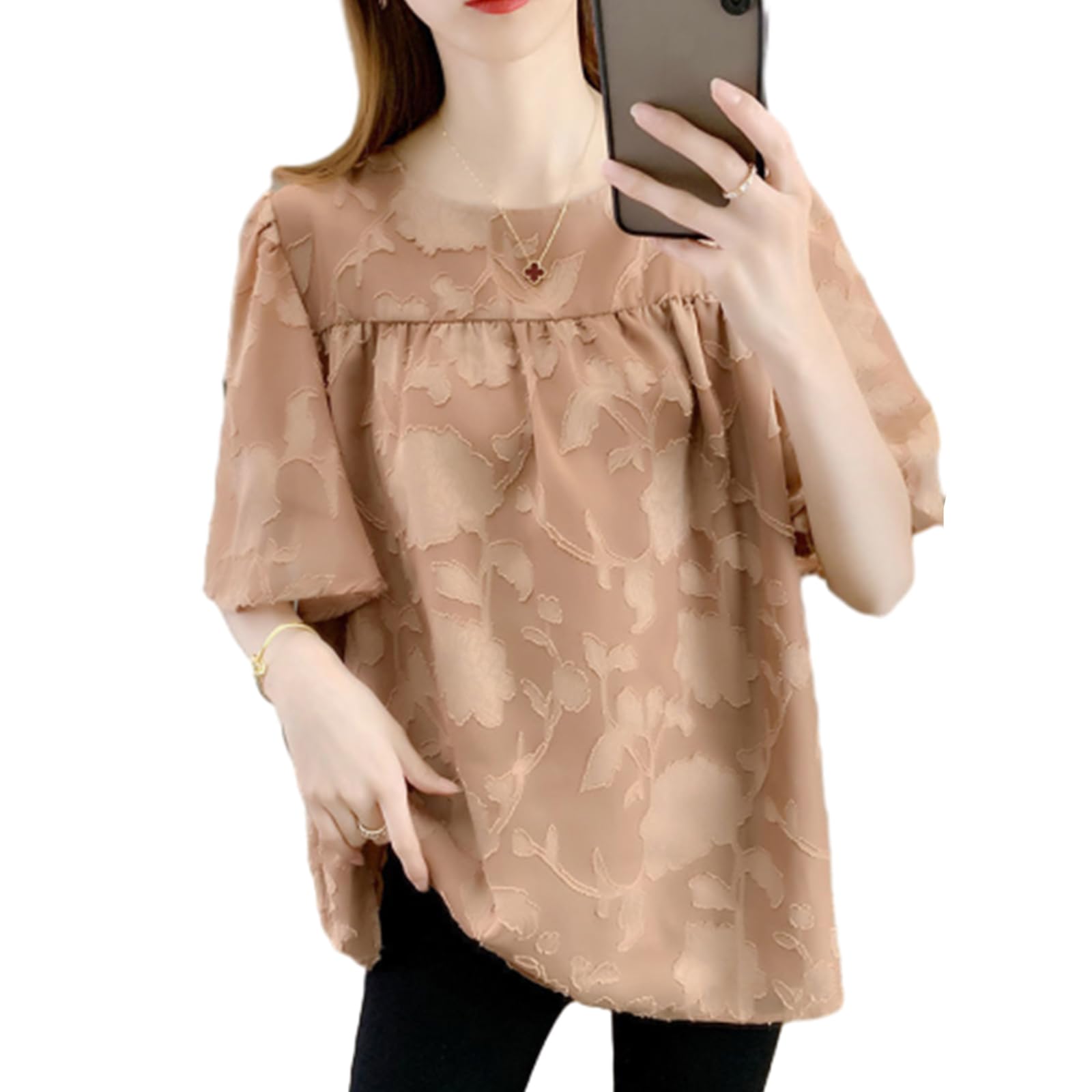 【送料無料】[RoyzTocz] ブラウス レディース 半袖 ラウンドネック Tシャツ 刺繍 花柄 トップス 夏シャツ エレガント 裏地付き 大きいサイズ 春服 おしゃれ お洒落 大人 着痩せ フォーマル オフィス 通勤 OL きれいめ カジュアル 春夏 色：コーヒー、サイズ：M