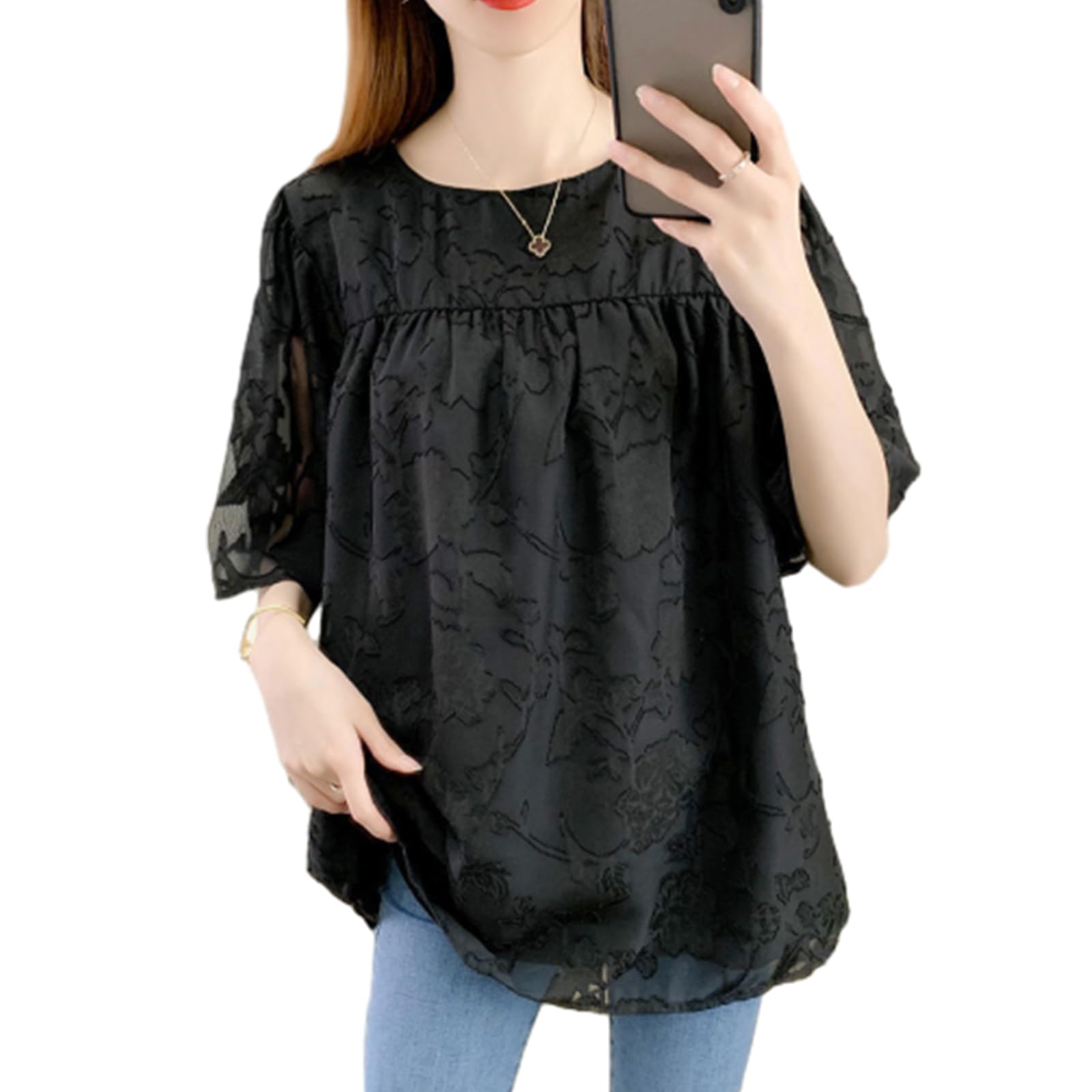 【送料無料】[RoyzTocz] ブラウス レディース 半袖 ラウンドネック Tシャツ 刺繍 花柄 トップス 夏シャツ エレガント 裏地付き 大きいサイズ 春服 おしゃれ お洒落 大人 着痩せ フォーマル オフィス 通勤 OL きれいめ カジュアル 春夏 色：ブラック、サイズ：L