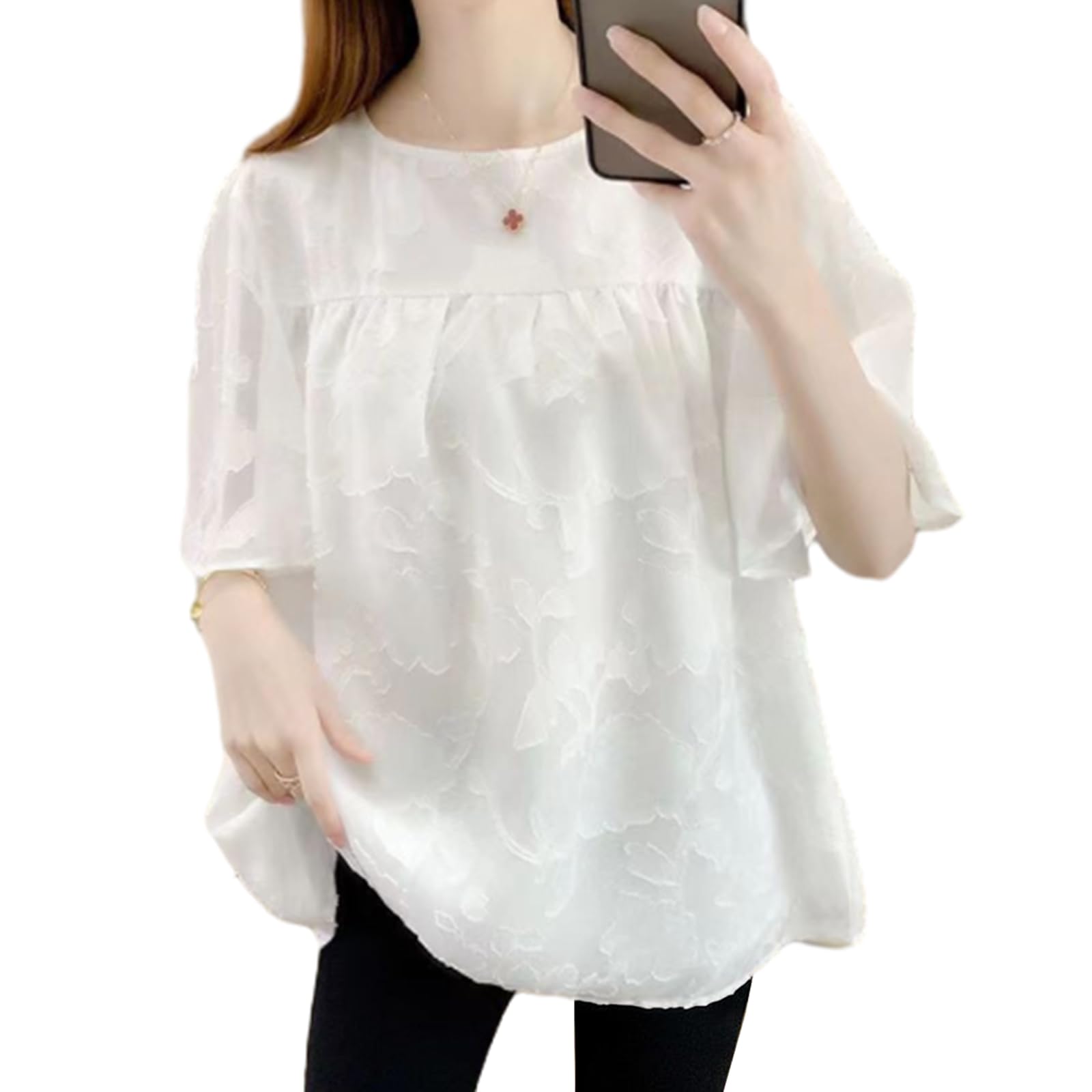 【送料無料】[RoyzTocz] ブラウス レディース 半袖 ラウンドネック Tシャツ 刺繍 花柄 トップス 夏シャツ エレガント 裏地付き 大きいサイズ 春服 おしゃれ お洒落 大人 着痩せ フォーマル オフィス 通勤 OL きれいめ カジュアル 春夏 色：ホワイト、サイズ：L