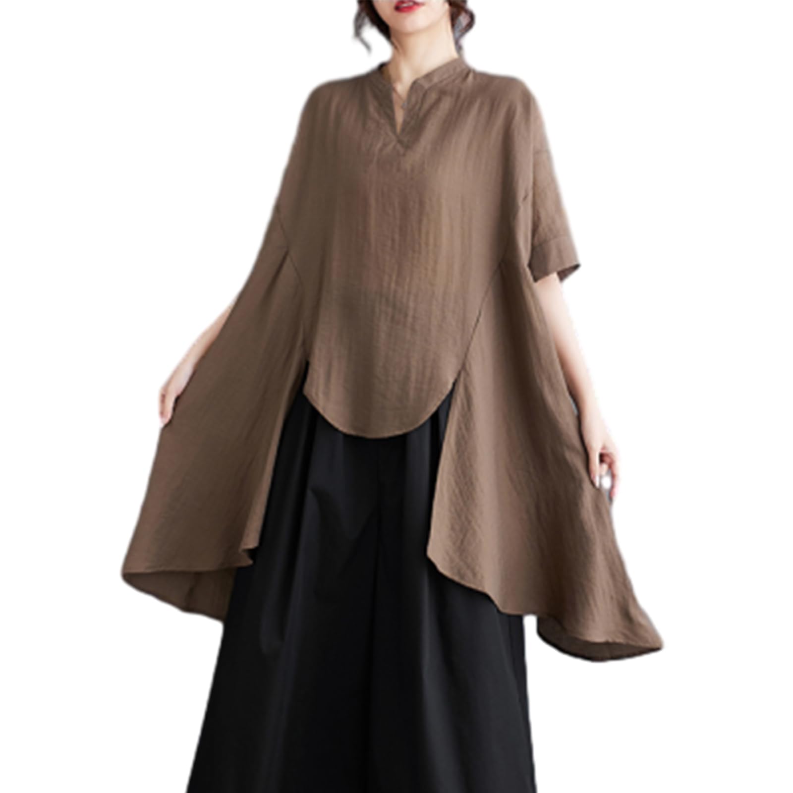 【送料無料】[RoyzTocz] ブラウス レディース 半袖 ロングTシャツ 夏 シャツ トップス シャツワンピース エレガント 大きいサイズ スリット おしゃれ お洒落 大人 着痩せ フォーマル オフィス 通勤 OL きれいめ カジュアル 春夏 色：コーヒー、サイズ：Free Size