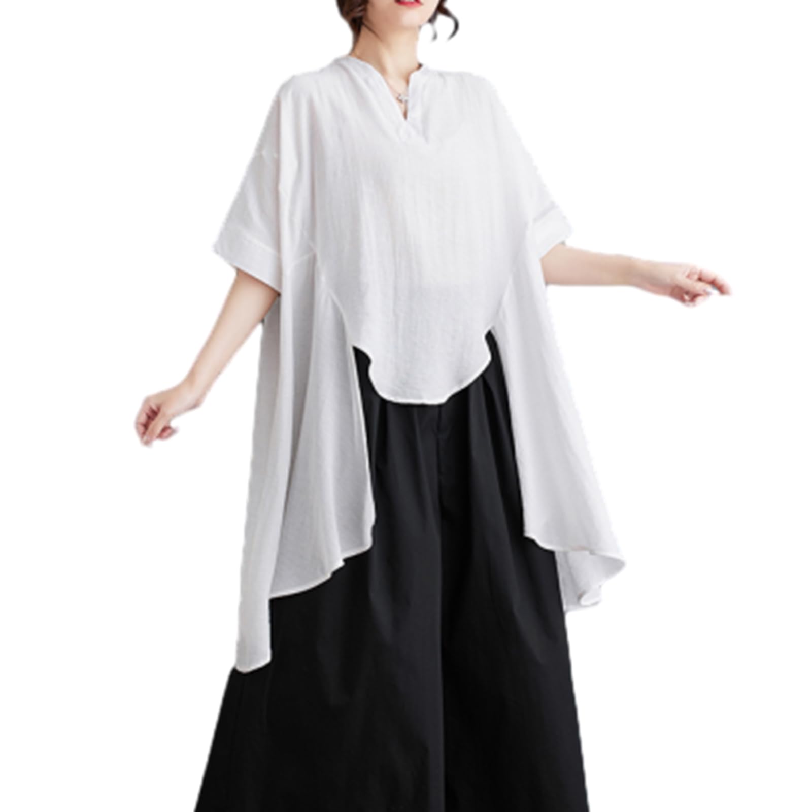 【送料無料】[RoyzTocz] ブラウス レディース 半袖 ロングTシャツ 夏 シャツ トップス シャツワンピース エレガント 大きいサイズ スリット おしゃれ お洒落 大人 着痩せ フォーマル オフィス 通勤 OL きれいめ カジュアル 春夏 色：ホワイト、サイズ：Free Size