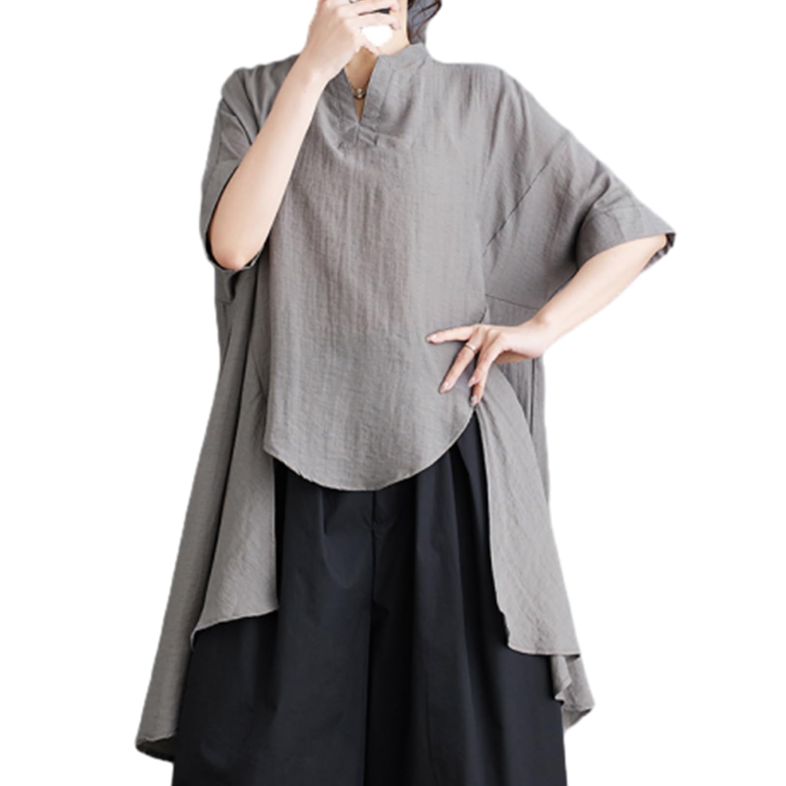 【送料無料】[RoyzTocz] ブラウス レディース 半袖 ロングTシャツ 夏 シャツ トップス シャツワンピース エレガント 大きいサイズ スリット おしゃれ お洒落 大人 着痩せ フォーマル オフィス 通勤 OL きれいめ カジュアル 春夏 色：グレー、サイズ：Free Size