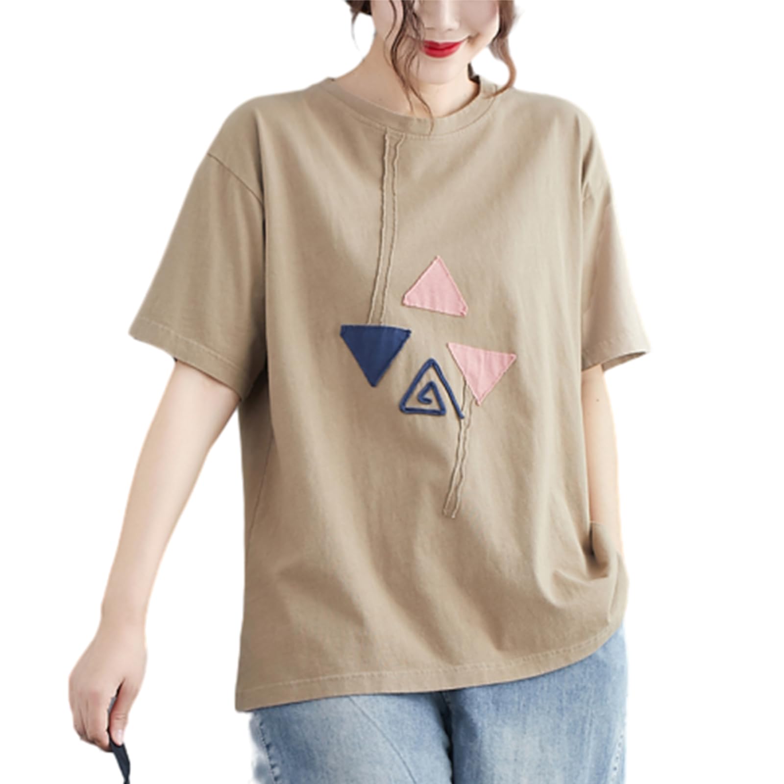 【送料無料】[RoyzTocz] レディース tシャツ 薄手 ゆったり 体型カバー ふんわり 半袖 トップス 丸襟 カットソーシンプル 可愛い 着痩せ 通勤 オフィス 部屋着 アウトドア きれいめ 洗えるおしゃれ 上品 大人 カジュアル 日常 春 夏 色：カーキ、サイズ：L