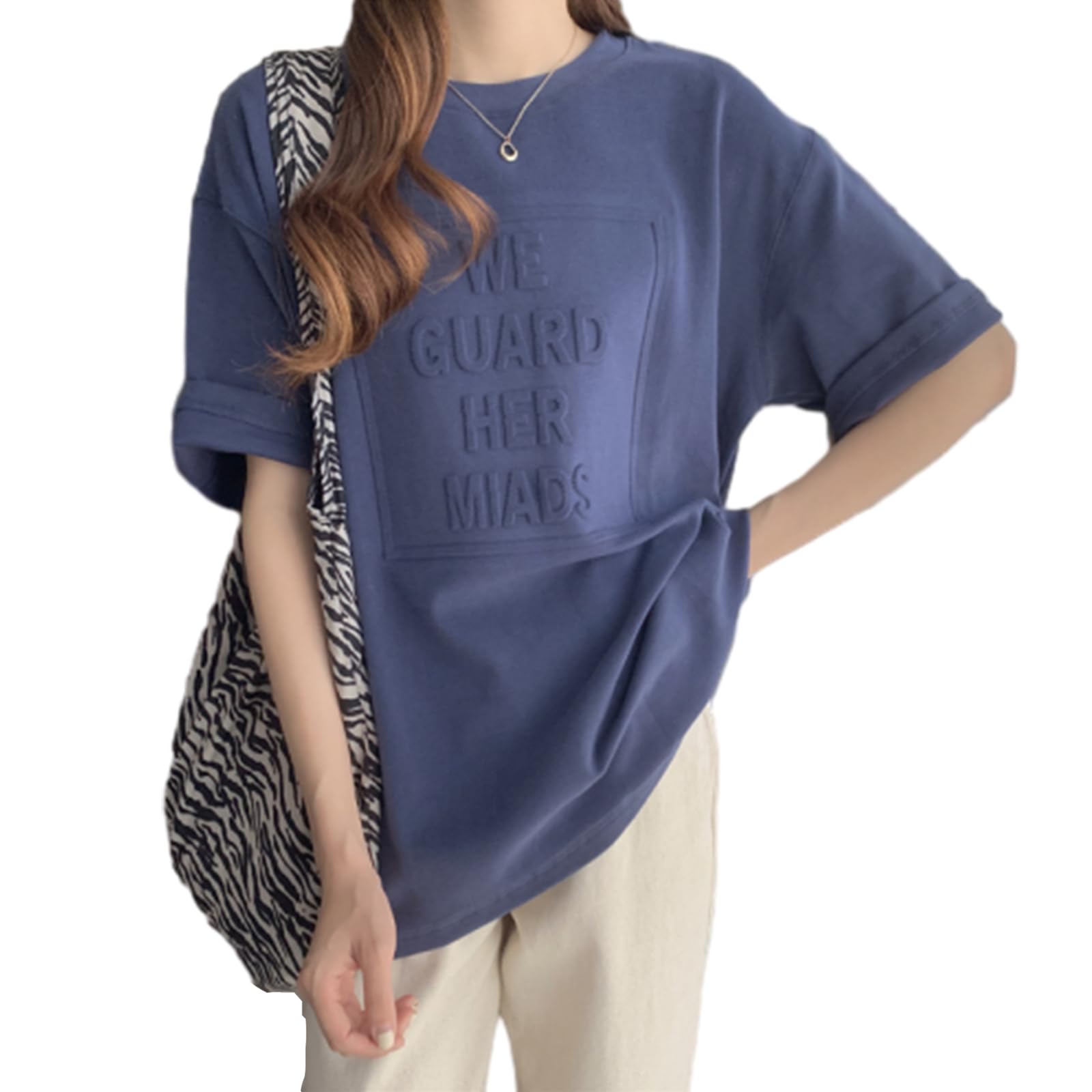 【送料無料】[RoyzTocz] tシャツ レディース 丸襟 tシャツ 半袖 トップス ファッション パッチワーク 柔らかい カジュアル 体型カバー 着せ 通気性 無地 ゆったりタイプ 春夏 色：ブルー、サイズ：M