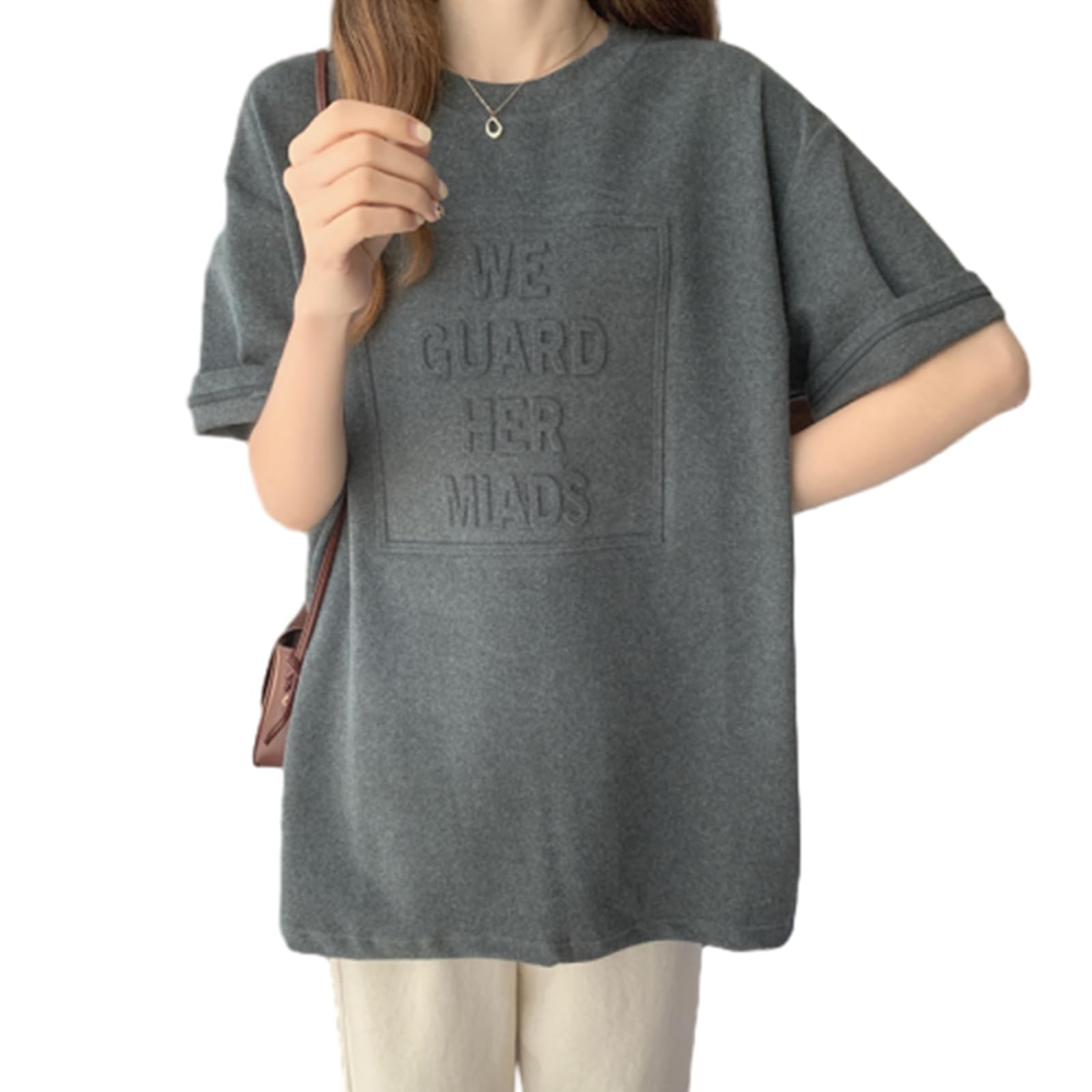 【送料無料】[RoyzTocz] tシャツ レディース 丸襟 tシャツ 半袖 トップス ファッション パッチワーク 柔らかい カジュアル 体型カバー 着せ 通気性 無地 ゆったりタイプ 春夏 色：グレー、サイズ：L