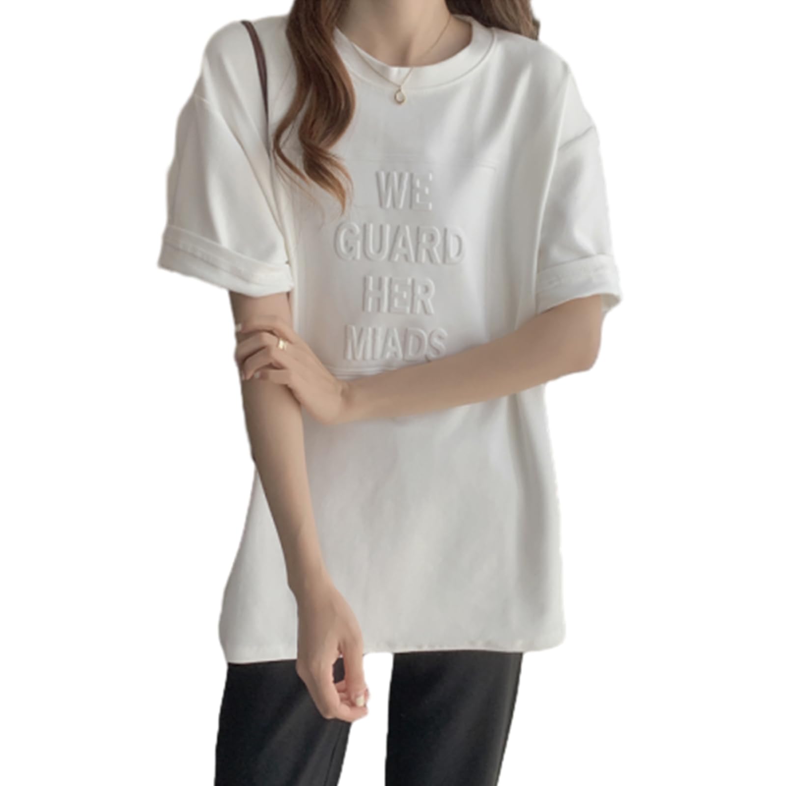 【送料無料】[RoyzTocz] tシャツ レディース 丸襟 tシャツ 半袖 トップス ファッション パッチワーク 柔らかい カジュアル 体型カバー 着せ 通気性 無地 ゆったりタイプ 春夏 色：ホワイト、サイズ：XL