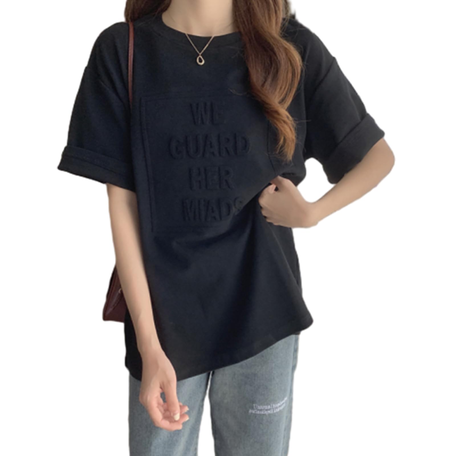 【送料無料】[RoyzTocz] tシャツ レディース 丸襟 tシャツ 半袖 トップス ファッション パッチワーク 柔らかい カジュアル 体型カバー 着せ 通気性 無地 ゆったりタイプ 春夏 色：ブラック、サイズ：XL