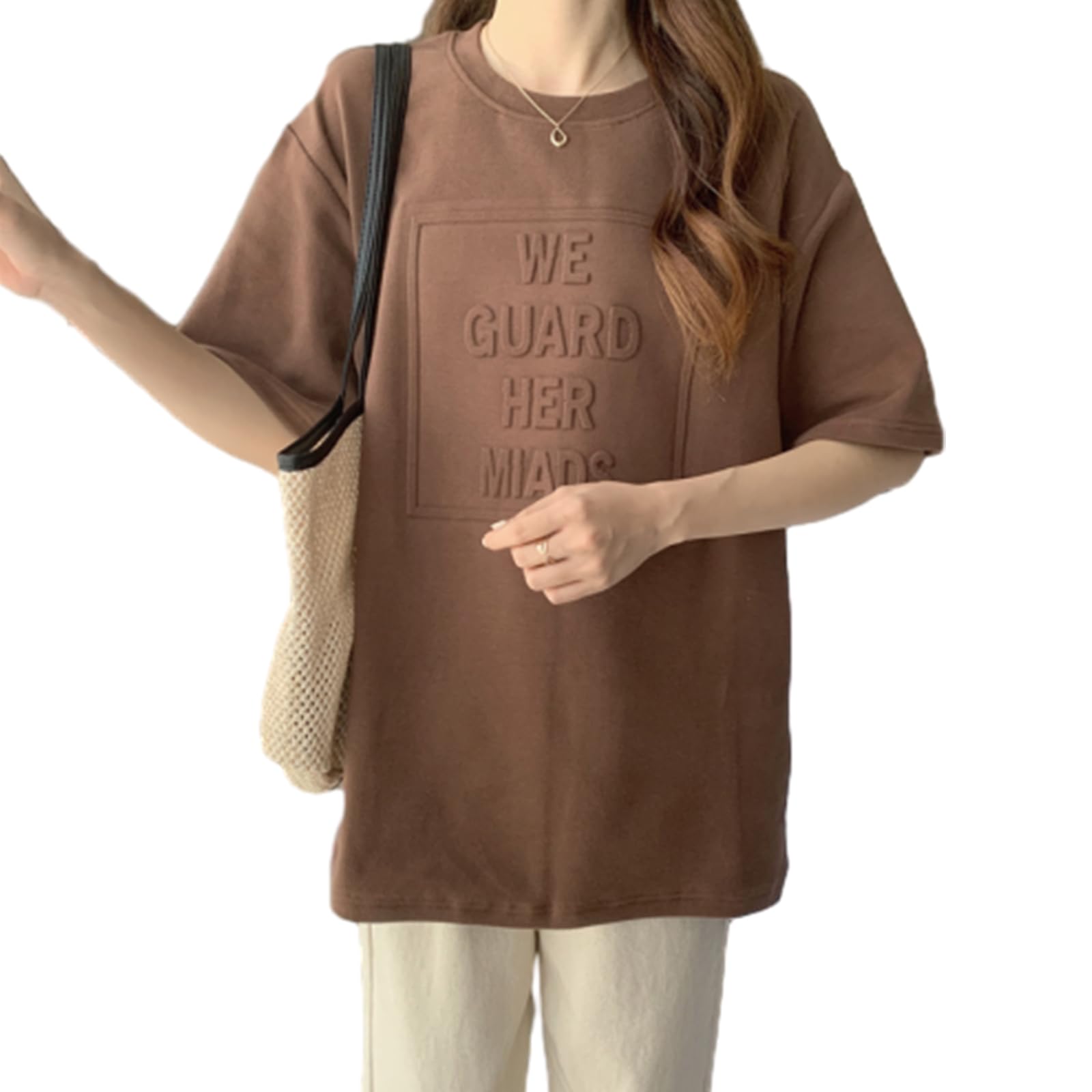 【送料無料】[RoyzTocz] tシャツ レディース 丸襟 tシャツ 半袖 トップス ファッション パッチワーク 柔らかい カジュアル 体型カバー 着せ 通気性 無地 ゆったりタイプ 春夏 色：キャメル、サイズ：XL