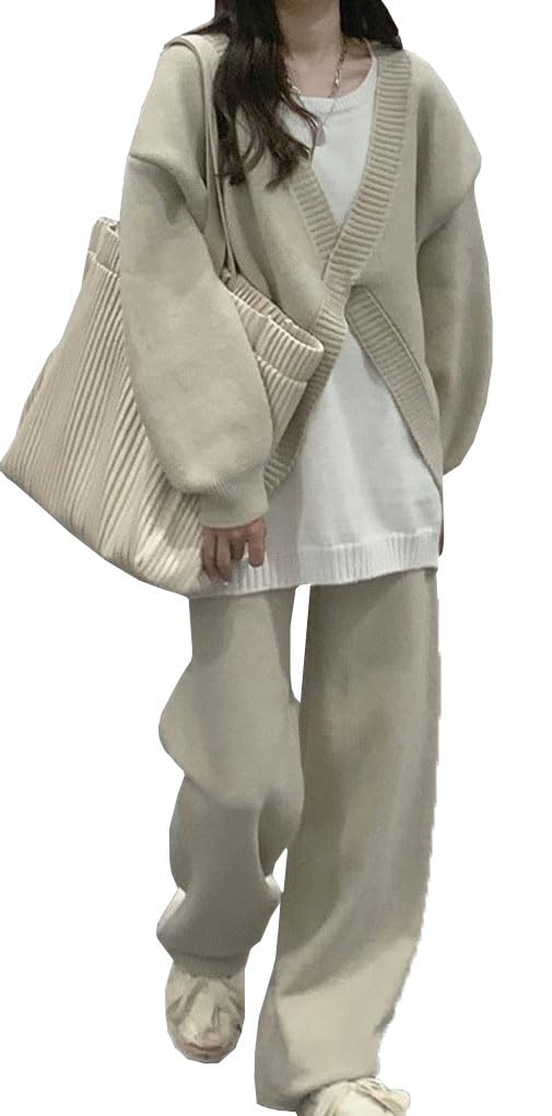 【送料無料】[DYIOPMFGZ] セットアップ レディース フェイクレイヤード レイヤードルック 重ね着 セーター ワイドパンツ 上下 2点セット ニットパンツ トップス ロングパンツ 大きいサイズ おしゃれ トップス キレイめ 体型カバー 色：ベージュ、サイズ：L