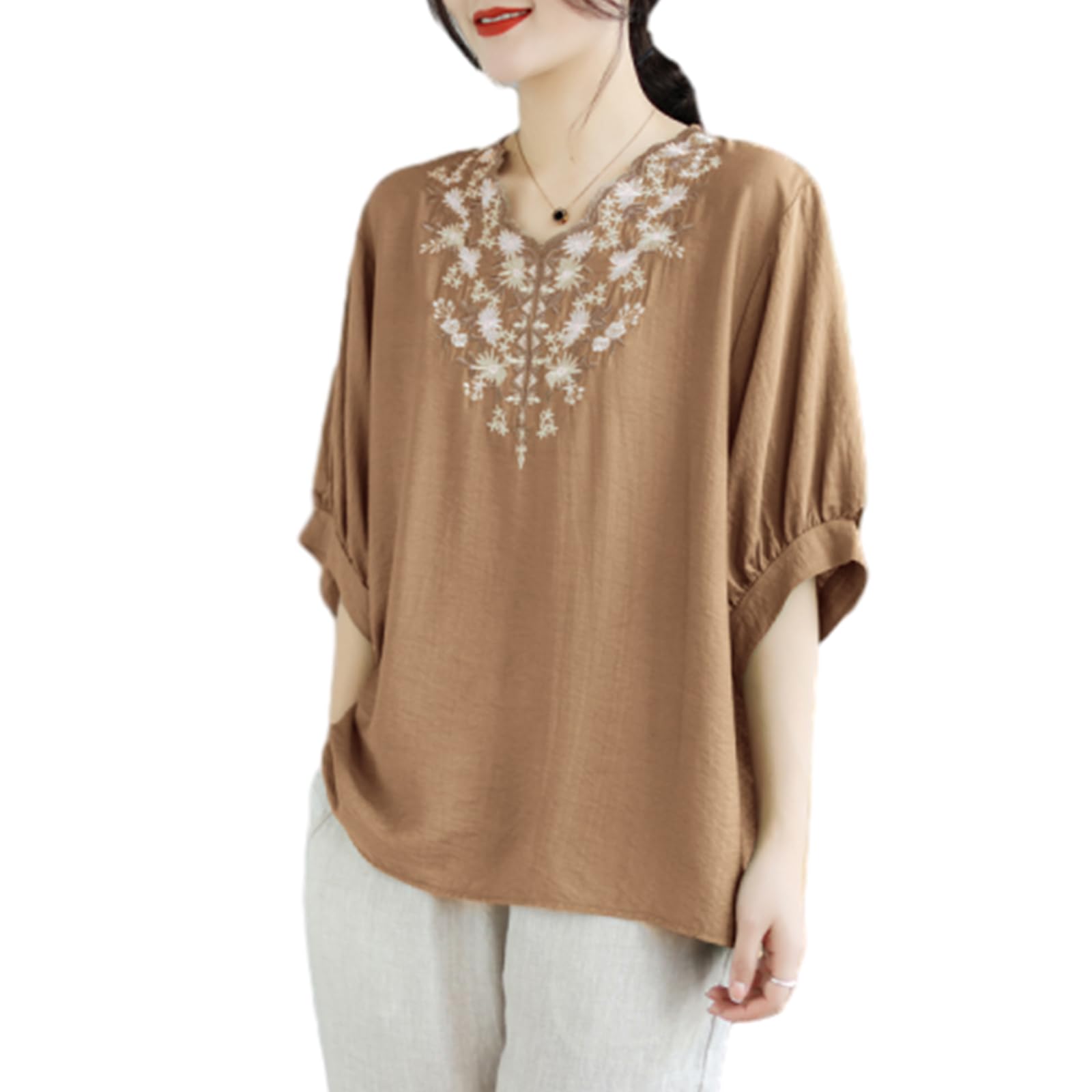 【送料無料】[RoyzTocz] tシャツ レディース Vネック 半袖 tシャツ ファッション 花柄 刺繍 トップス パッチワーク 柔らかい カジュアル 体型カバー 着回し力 着せ 通気性 無地 ゆったりタイプ 春夏 色：カーキ、サイズ：Free Size