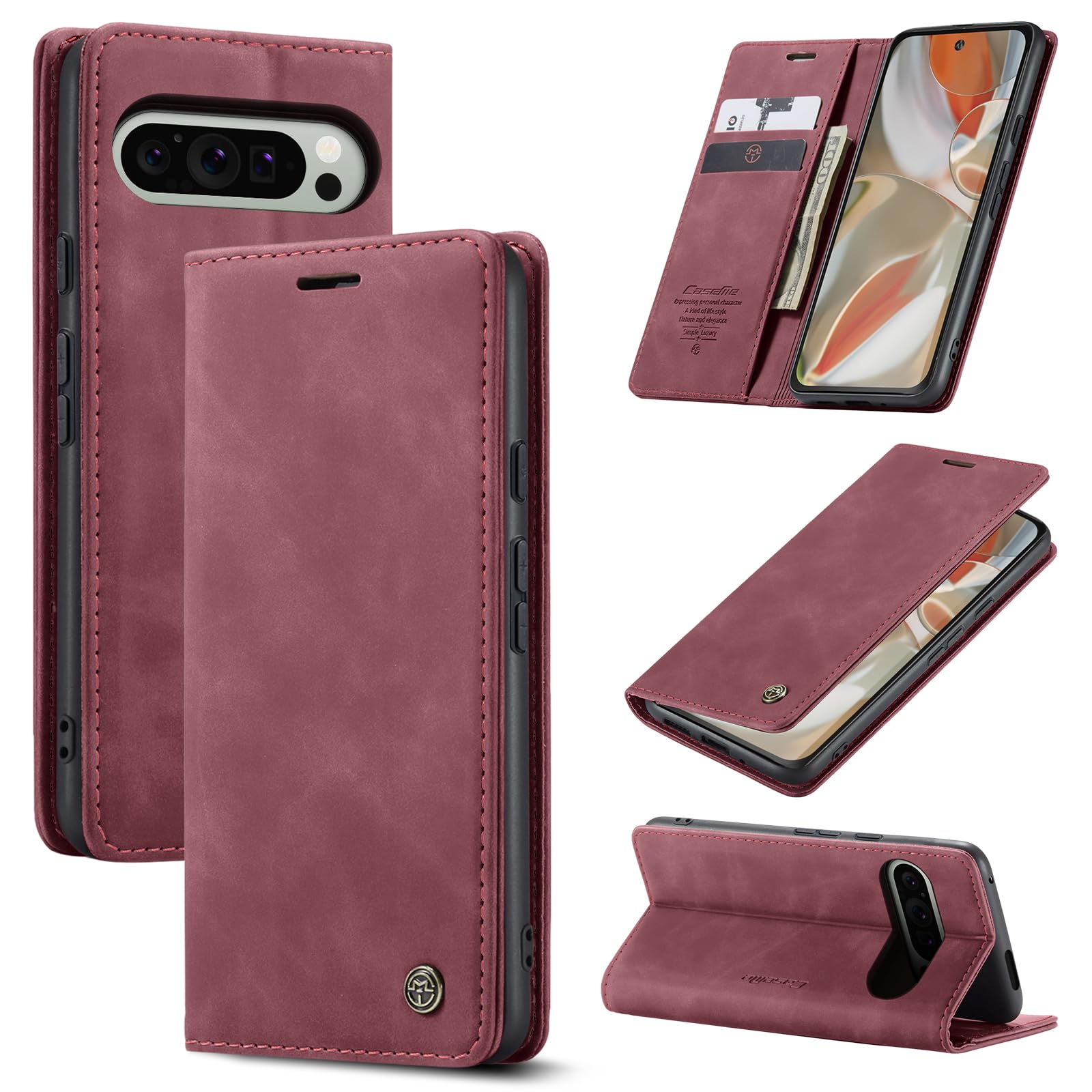 【送料無料】KeeFos ケース 手帳型、財布型 カバー 、カード収納財布型、内蔵マグネット、シャオミ レドミ ノート 13Pro スマホケース カバー、TPU耐衝撃、マグネット スタンド機能、全面保護、薄型、手作り 高級PU レ 色：ワインレッド、サイズ：Google Pixel 9 Pro XL