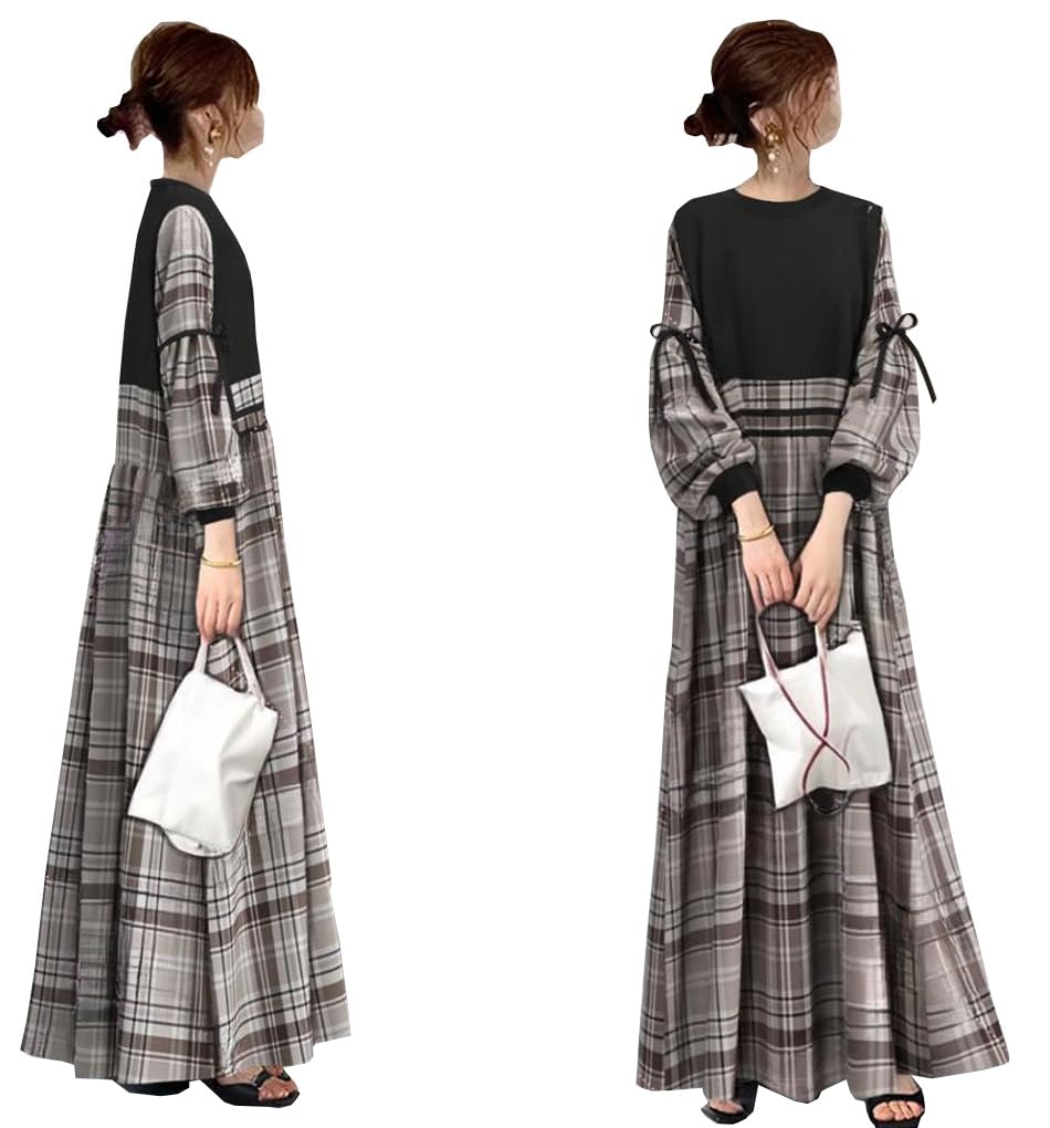 【送料無料】[DYIOPMFGZ] レディース チェック柄ワンピース 切り替え ワンピース ロングワンピース マ..