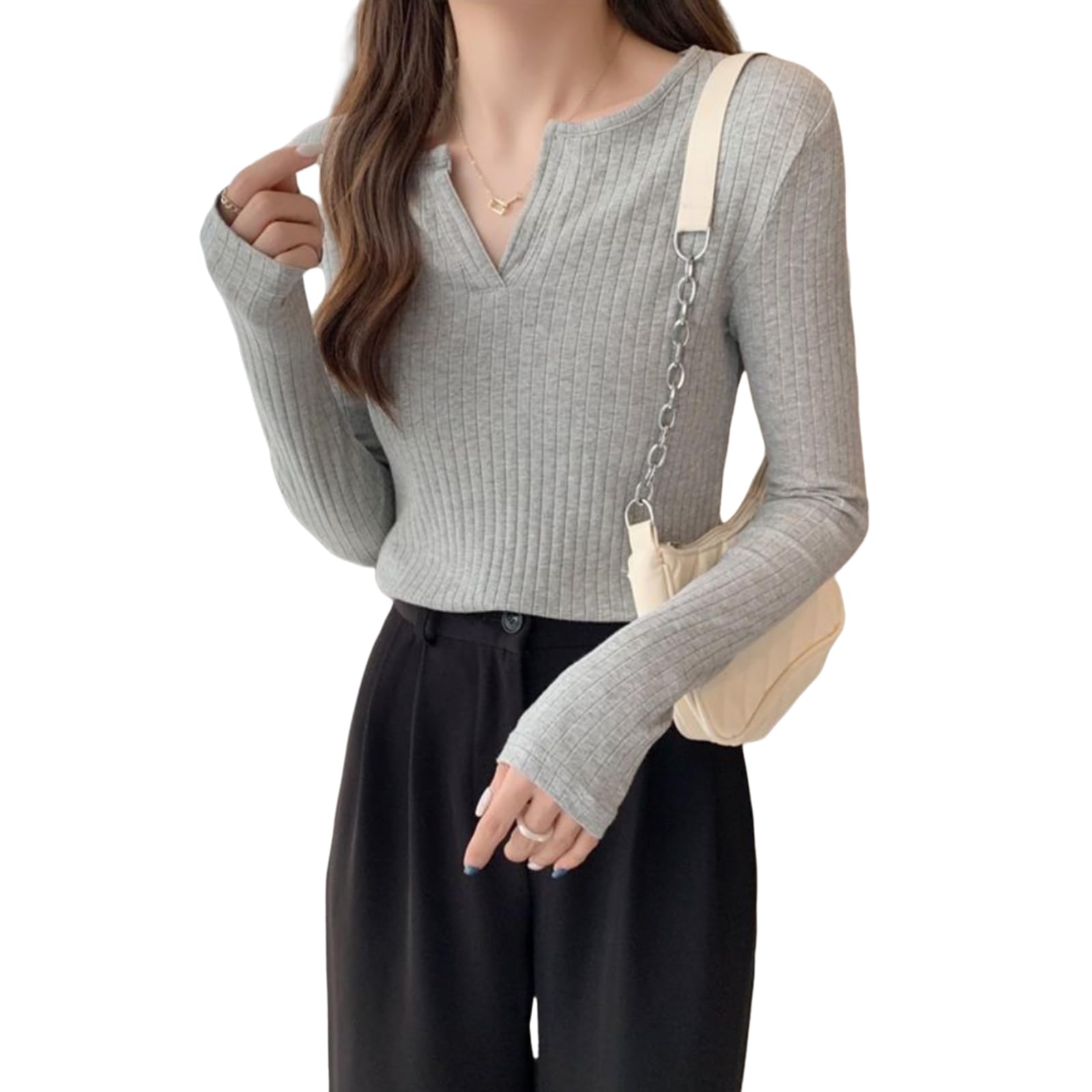 【送料無料】[R10righten] Tシャツ インナーシャツ レディース トップス 長袖 インナーシャツ 無地 Vネック 薄手 スリムフィット 暖かい 肌に優しい 柔らかい ポリエステル混紡 着せ 肌着 シンプル カジュアル 秋冬春 通勤 色：グレー、サイズ：M