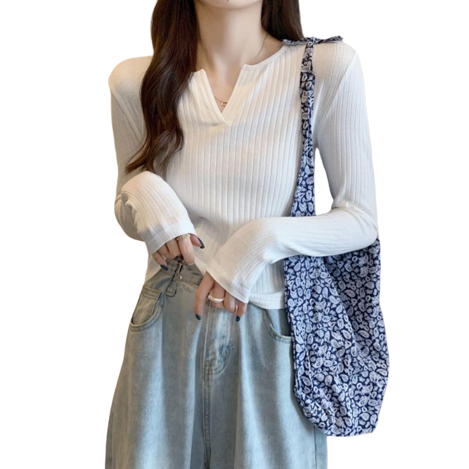 【送料無料】[R10righten] Tシャツ インナーシャツ レディース トップス 長袖 インナーシャツ 無地 Vネック 薄手 スリムフィット 暖かい 肌に優しい 柔らかい ポリエステル混紡 着せ 肌着 シンプル カジュアル 秋冬春 通勤 色：ホワイト、サイズ：M