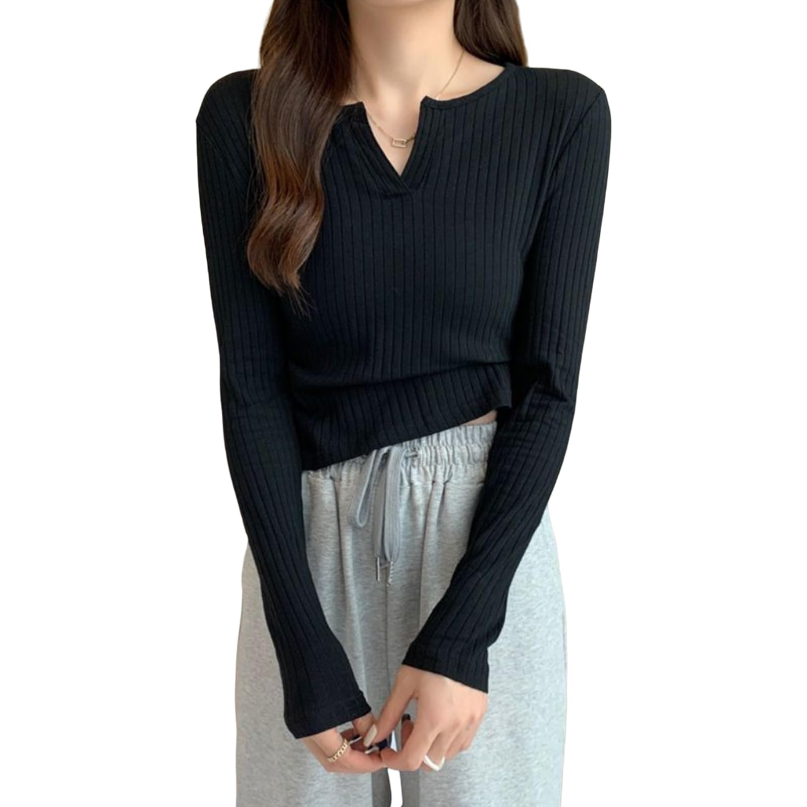 【送料無料】[R10righten] Tシャツ インナーシャツ レディース トップス 長袖 インナーシャツ 無地 Vネック 薄手 スリムフィット 暖かい 肌に優しい 柔らかい ポリエステル混紡 着せ 肌着 シンプル カジュアル 秋冬春 通勤 色：ブラック、サイズ：M