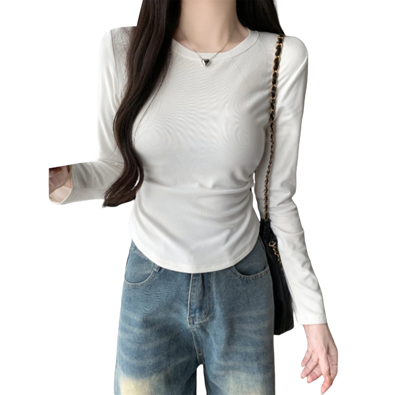 【送料無料】[R10righten] Tシャツ レディース トップス インナーシャツ 長袖 インナー 丸首 タイト ショート丈 薄手 無地 綿混紡 柔らかい 肌に優しい 軽量 シンプル カジュアル 体型カバー 着せ 普段着 通勤 お出かけ 秋 春 冬 色：ホワイト、サイズ：L