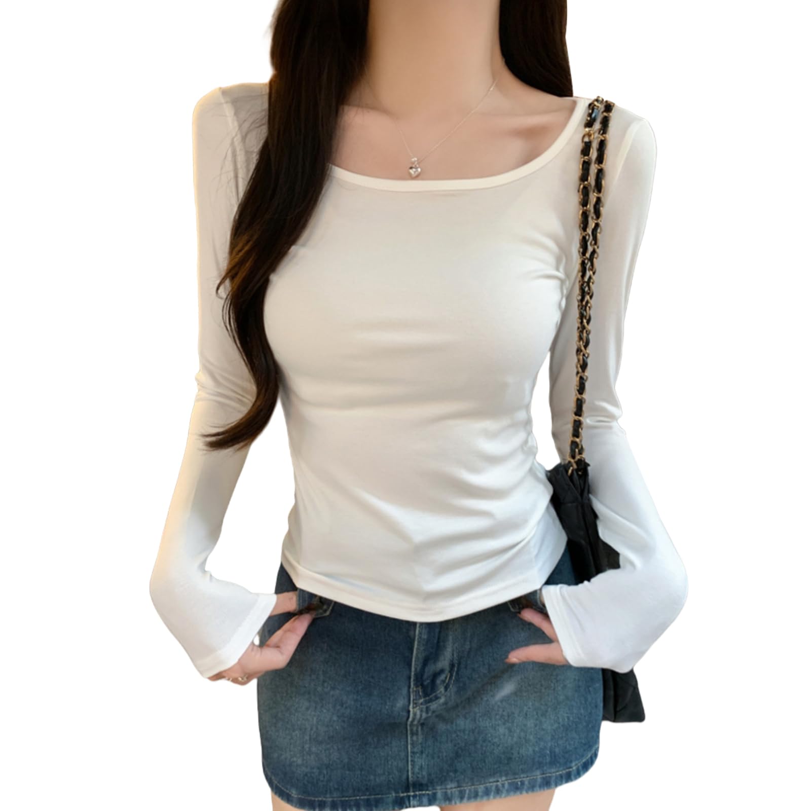 【送料無料】[R10righten] トップス Tシャツ レディース インナーシャツ インナー ショート丈 タイト 長袖 Uネック 無地 薄手 軽量 柔らかい 快適 綿混紡 カジュアル シンプル 着せ 春 秋 冬 通勤通学 普段着 色：ホワイト、サイズ：L