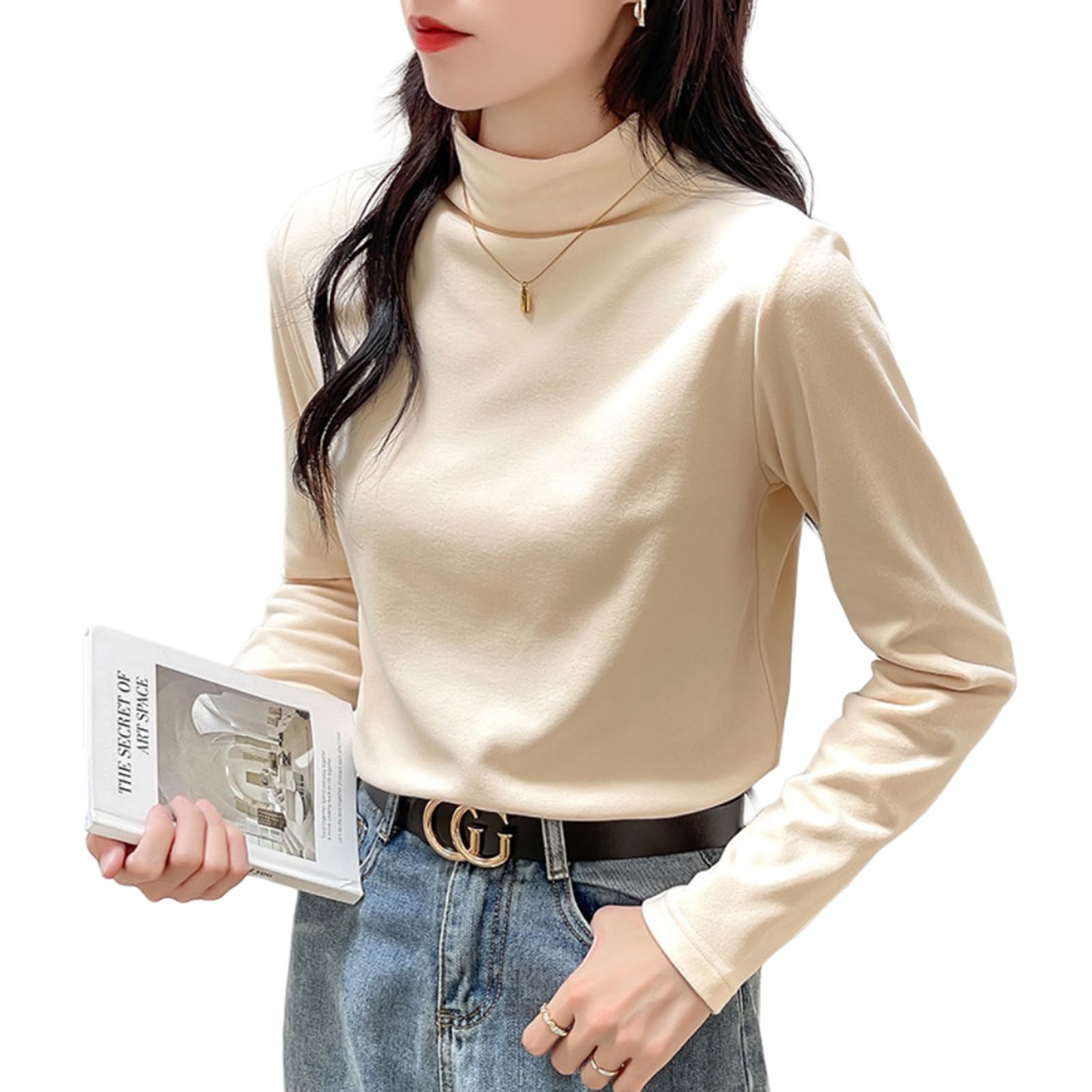 【送料無料】[R10righten] インナーシャツ トップス レディース 長袖 セーター ハイネック 厚手 タイト 無地 防寒 暖かい 柔らかい ポリエステル混紡 裏起毛 着せ 体型カバー 肌着 カジュアル シンプル 普段着 冬 秋 春 色：アプリコット、サイズ：XL