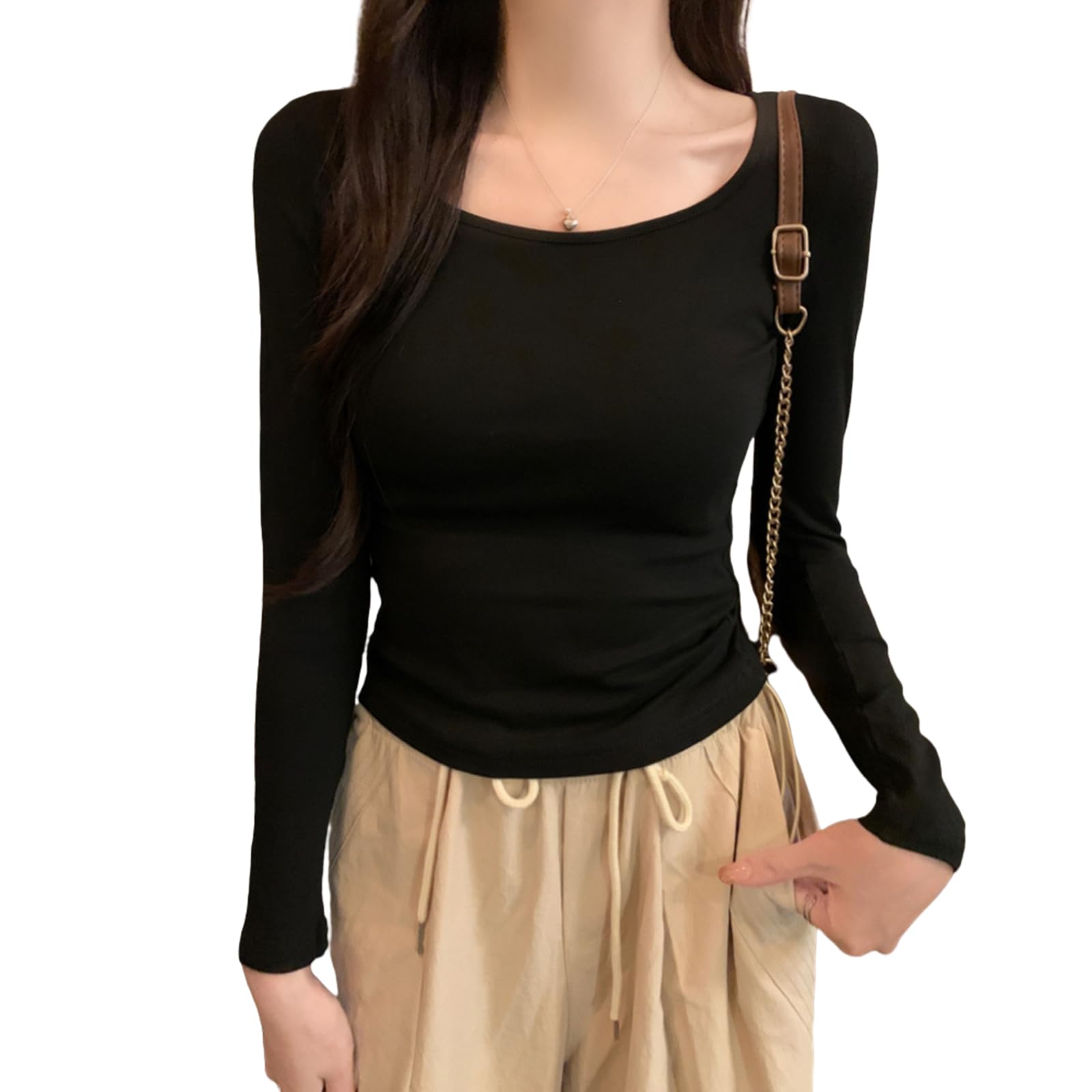 【送料無料】[R10righten] トップス Tシャツ レディース インナーシャツ インナー ショート丈 タイト 長袖 Uネック 無地 薄手 軽量 柔らかい 快適 綿混紡 カジュアル シンプル 着せ 春 秋 冬 通勤通学 普段着 色：ブラック、サイズ：L