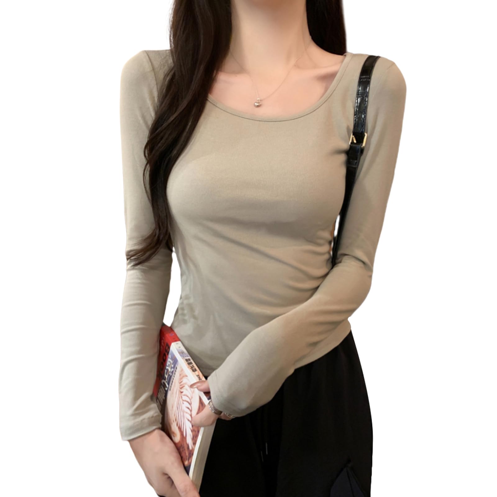 【送料無料】[R10righten] トップス Tシャツ レディース インナーシャツ インナー ショート丈 タイト 長袖 Uネック 無地 薄手 軽量 柔らかい 快適 綿混紡 カジュアル シンプル 着せ 春 秋 冬 通勤通学 普段着 色：カーキ、サイズ：M