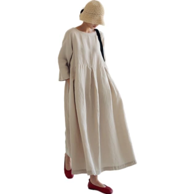 【送料無料】[KEQIKAI] ワンピース レディース コットン レディースロングワンピース ファッション かわいい ゆったり ヴィーガン トリム 春 夏 秋 カジュアル 色：アプリコット、サイズ：M RegularLong