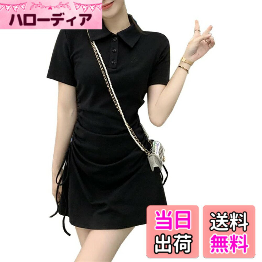 【送料無料】[DYIOPMFGZ] CHUMO ワンピース レディース シャツワンピース ミニワンピース 折り襟 半袖 タイト ショート丈 スリム おしゃれ シンプル 着痩せ きれいめ セクシー 美脚 カジュアル 春 夏 色：ブラック、サイズ：S