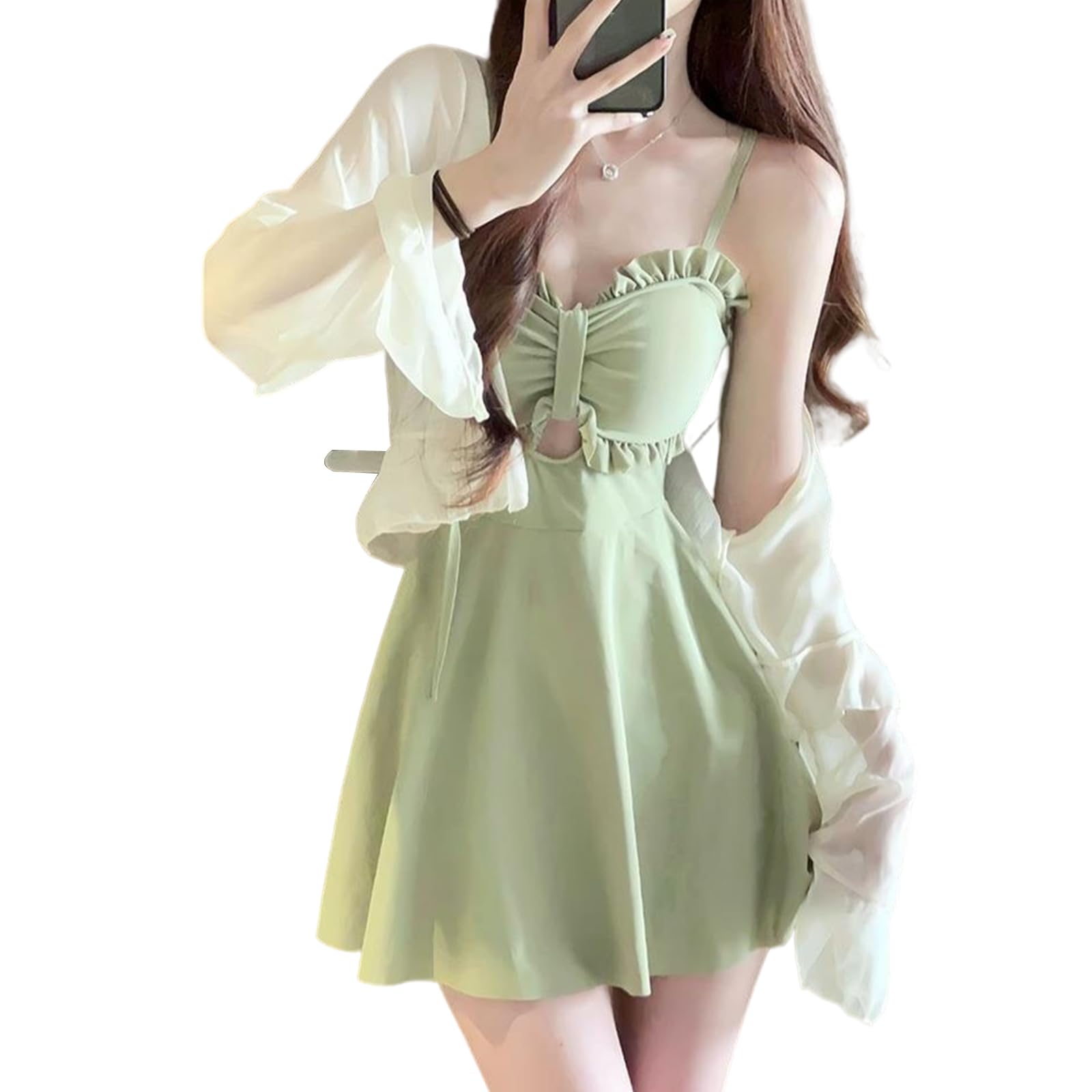 【送料無料】[ZeoYoee] 水着 レディース ワンピース 2点セット パット付き カーディガン ハイウエスト フレアスカート 大きいサイズ 体型カバー 無地 速乾 可愛い セクシー プール ビーチ 海水浴 温泉水着 旅行 色：みどり、サイズ：L