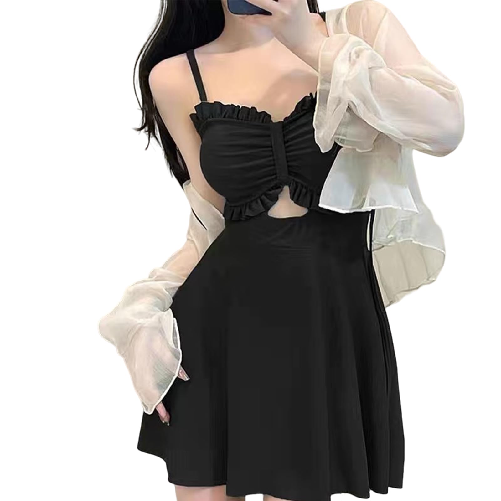 【送料無料】[ZeoYoee] 水着 レディース ワンピース 2点セット パット付き カーディガン ハイウエスト フレアスカート 大きいサイズ 体型カバー 無地 速乾 可愛い セクシー プール ビーチ 海水浴 温泉水着 旅行 色：ブラック、サイズ：XL