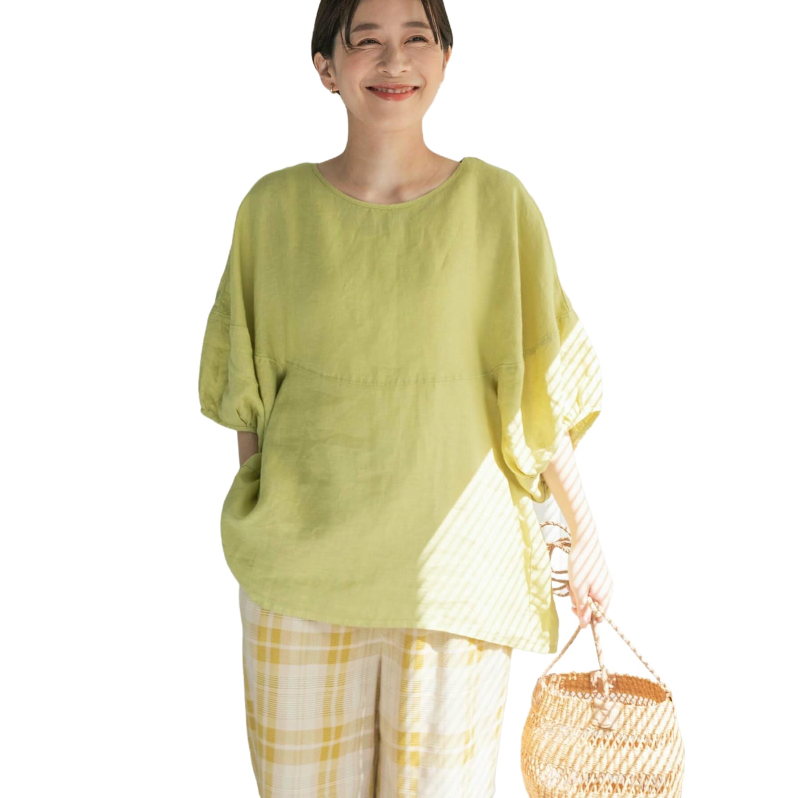 【送料無料】[KEQIKAI] レディース トップス 夏 リネン風Tシャツ 綿100% バブルスリーブ ルーズフィット 5分袖 着痩せ 普段 薄手 おしゃれ 通勤 オフィス 4色展開 色：グリーン、サイズ：Free Size