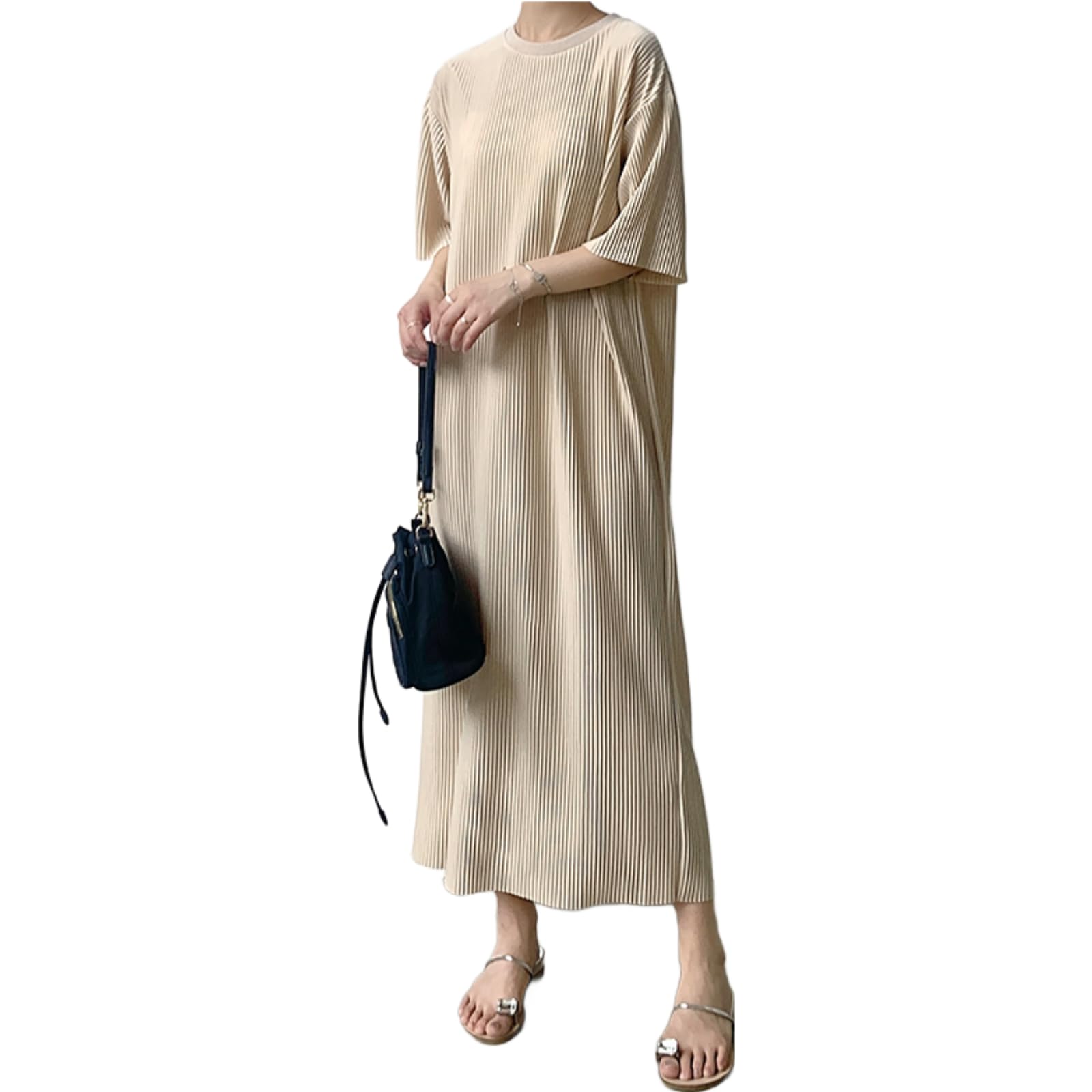 【送料無料】[KEQIKAI] ワンピース レディース 春夏秋 通勤ワンピース プリーツドレス ルーズフィット ゆったり ロングワンピース 女性 マキシ丈 丸首 カジュアル 体型カバー 着痩せ 無地 色：apricot、サイズ：Free Size