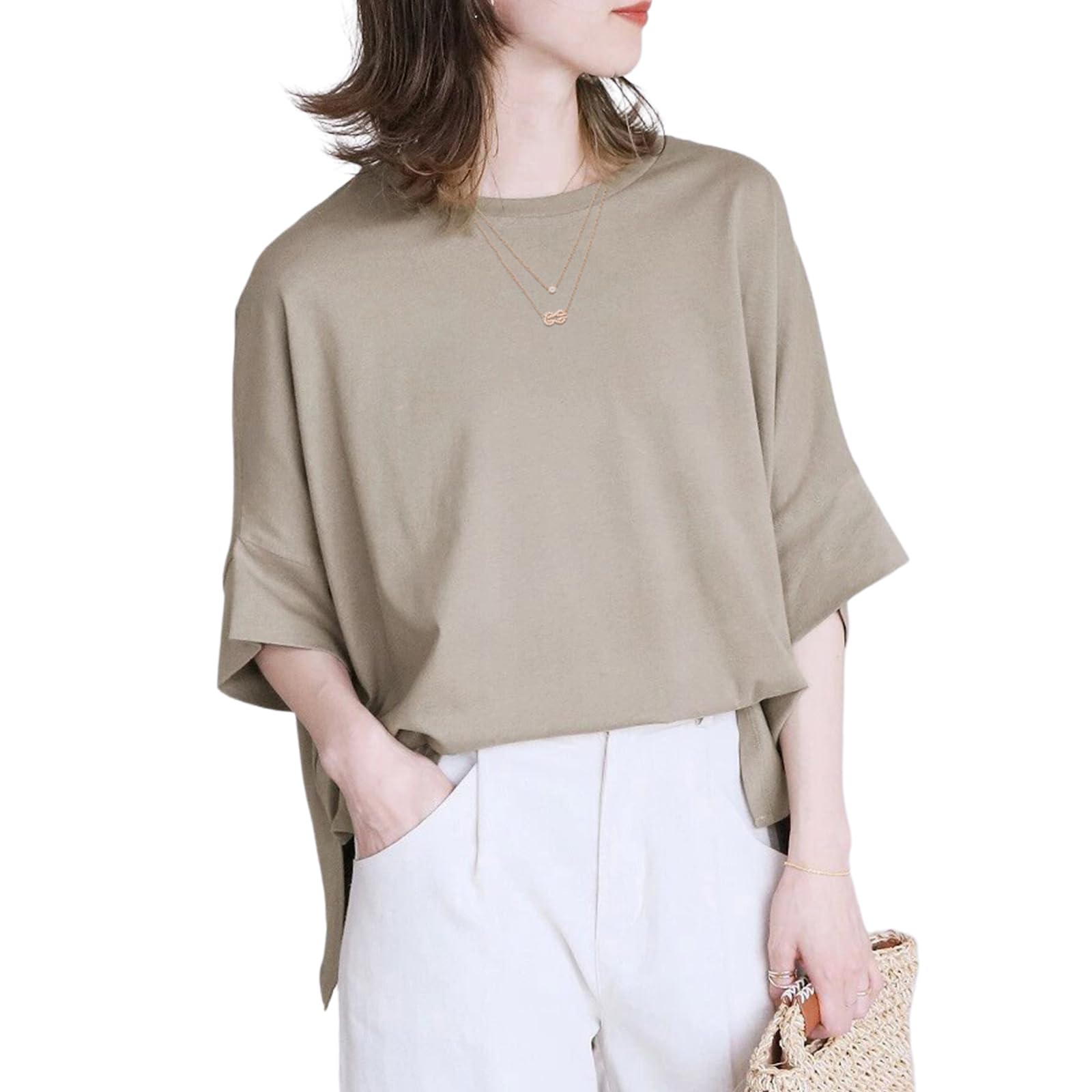 【送料無料】[R10righten] Tシャツ レディース トップス カットソー ドルマンスリーブ 七分袖 丸首 無地 ゆったり 大きいサイズ 薄手 柔らかい 綿混紡 カジュアル シンプル おしゃれ 春 夏 秋 普段着 部屋着 体型カバー 色：カーキ、サイズ：M