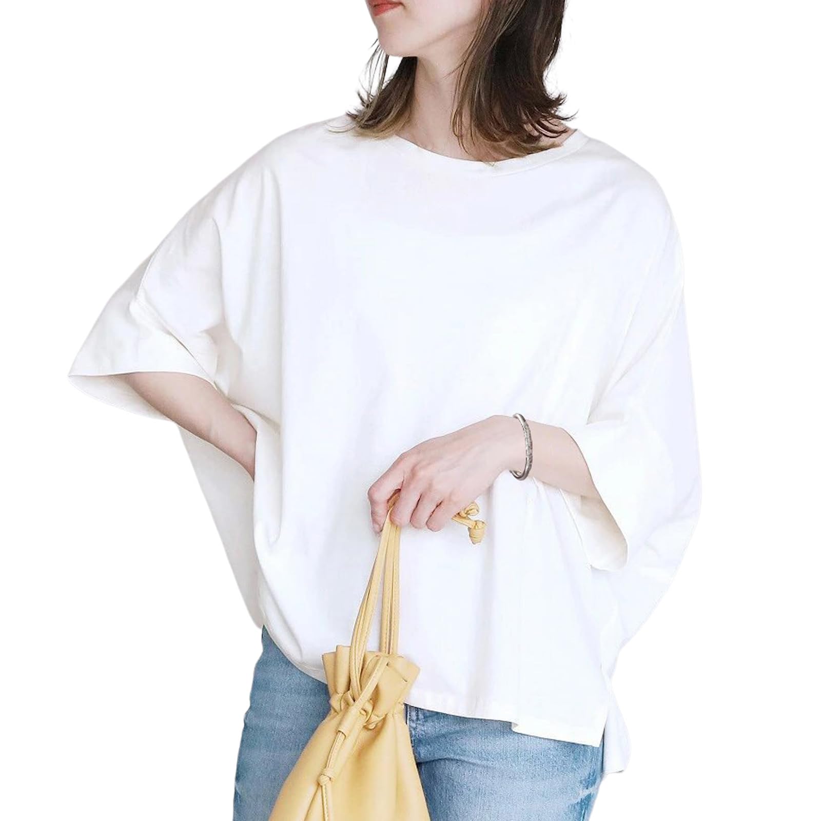 【送料無料】[R10righten] Tシャツ レディース トップス カットソー ドルマンスリーブ 七分袖 丸首 無地 ゆったり 大きいサイズ 薄手 柔らかい 綿混紡 カジュアル シンプル おしゃれ 春 夏 秋 普段着 部屋着 体型カバー 色：ホワイト、サイズ：L