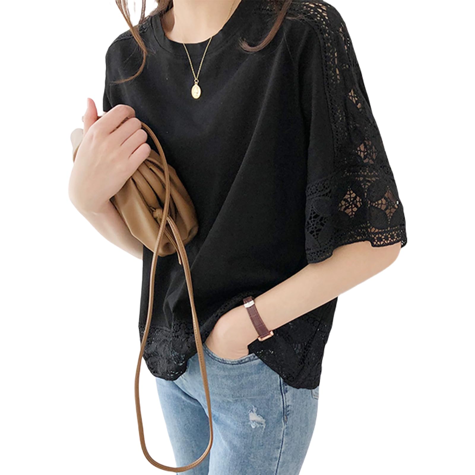 【送料無料】[ZeoYoee] tシャツ レディース 半袖 ティーシャツ トップス レース 透かし編み 刺繍花柄 オーバーサイズ 丸襟 体型カバー 着痩せ カジュアル きれいめ 女性らしい ゆったり お洒落 日常 通勤 春 夏 色：ブラック、サイズ：Free Size