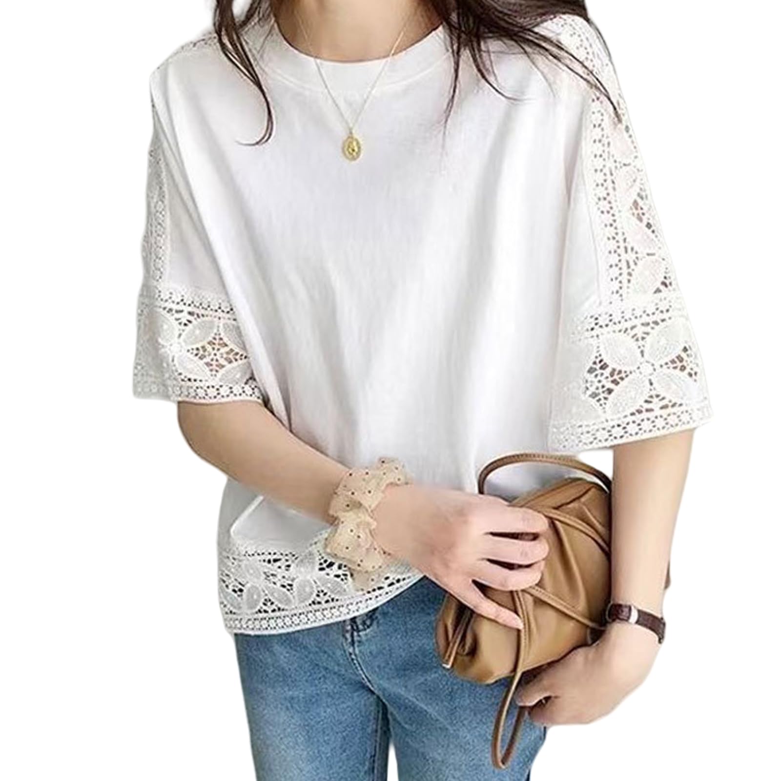 【送料無料】[ZeoYoee] tシャツ レディース 半袖 ティーシャツ トップス レース 透かし編み 刺繍花柄 ..