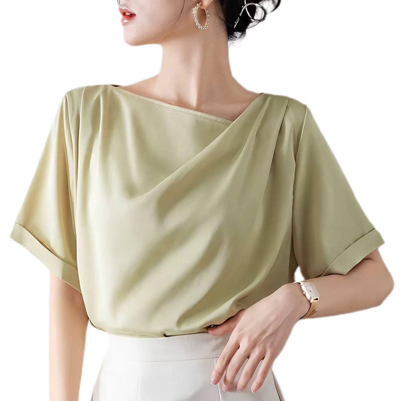 【送料無料】[Quiet Wave] tシャツ レディース 接触冷感 半袖 夏 トップス カットソー ドレープネック ゆったり 着痩せ 体型カバー シフォン 無地 涼しい かわいい カジュアル 通勤 色：グリーン、サイズ：S