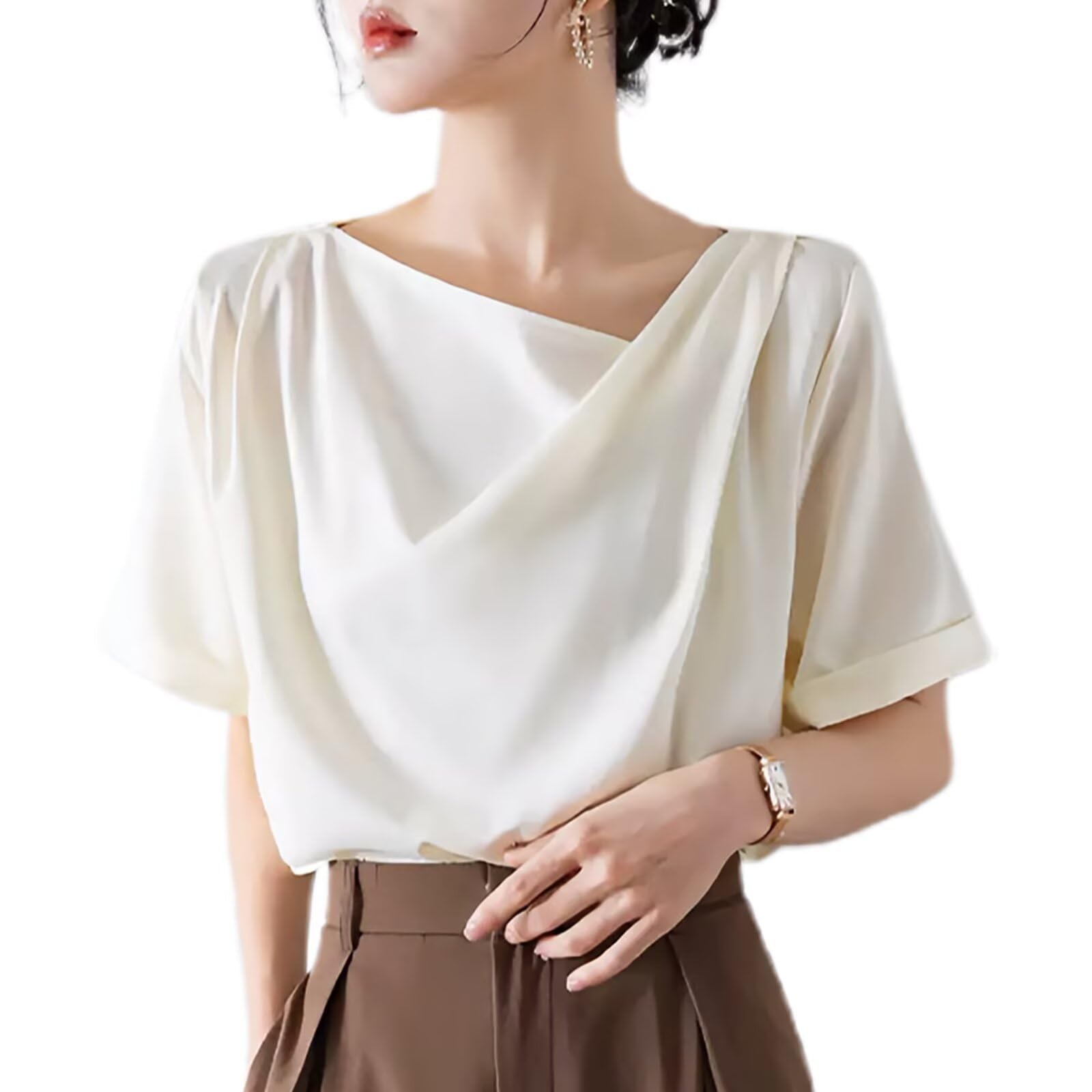 【送料無料】[Quiet Wave] tシャツ レディース 接触冷感 半袖 夏 トップス カットソー ドレープネック ゆったり 着痩せ 体型カバー シフォン 無地 涼しい かわいい カジュアル 通勤 色：ベージュホワイト、サイズ：XL