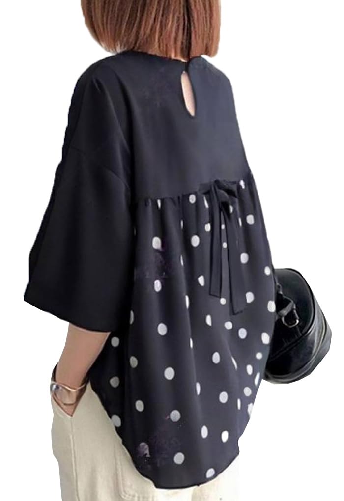 【送料無料】[DYIOPMFGZ] ドットトップス tシャツ レディース シャツ ブラウス 半袖トップス シフォン カットソー チュニック とろみ フレア カジュアル シースルー パフスリーブ 七分袖 涼しい 春夏秋 異素材 きれいめ 色：ネイビー、サイズ：S