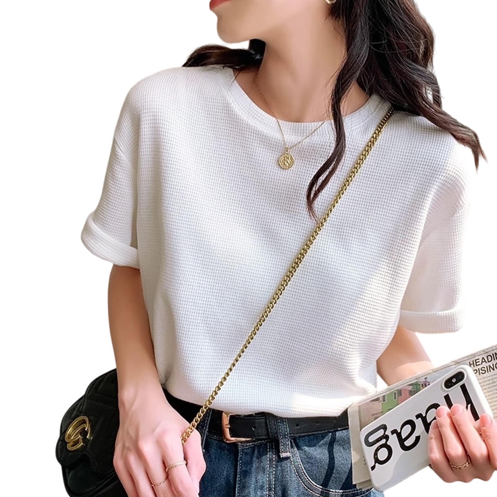 【送料無料】[R10righten] Tシャツ レディース トップス カットソー 半袖 ワッフル 丸首 無地 柔らかい 快適 通気 薄手 ゆったり 体型カバー シンプル カジュアル ファッション 夏 普段着 お出かけ 日常 色：ホワイト、サイズ：M