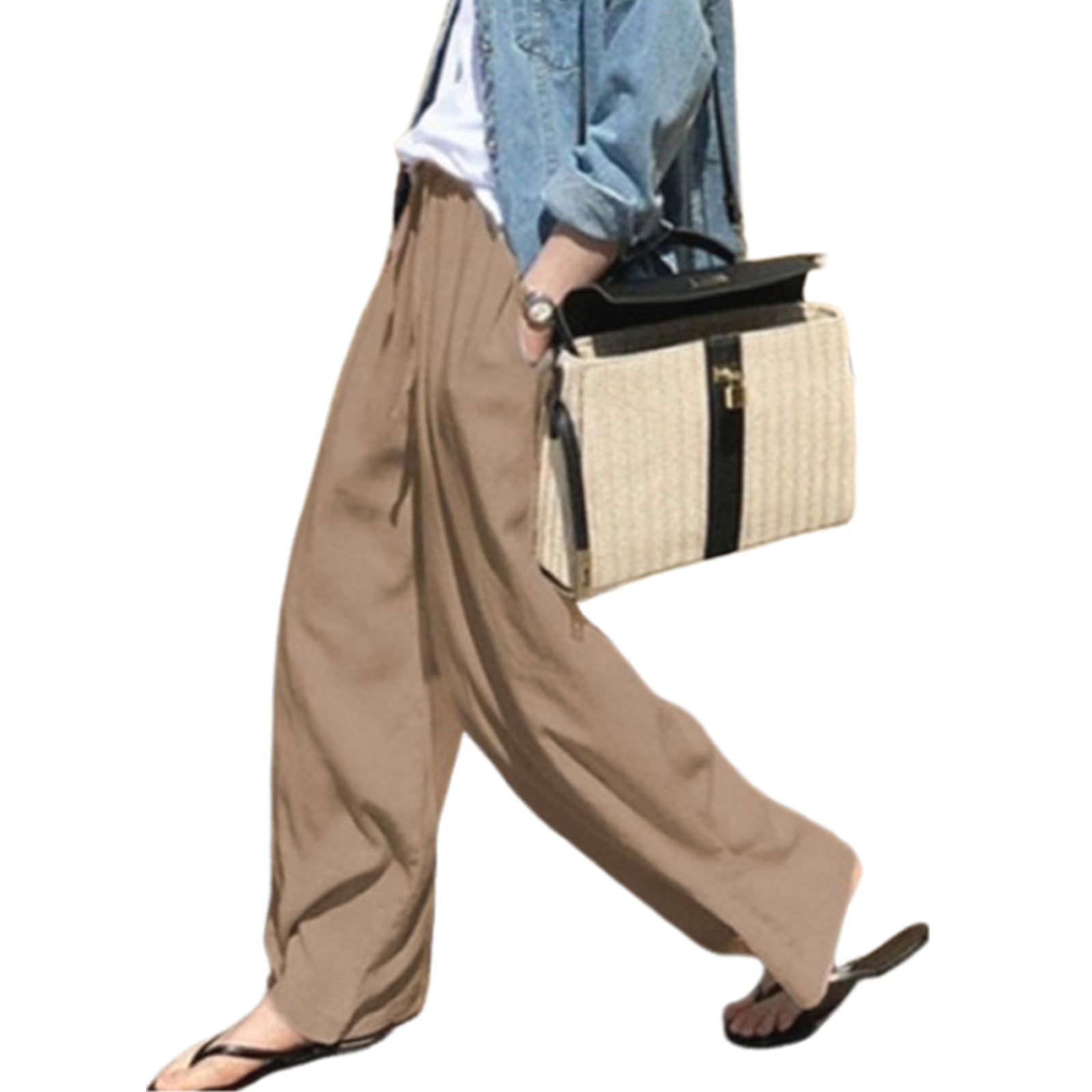 【送料無料】[ZeoYoee] ワイドパンツ レディース ロングパンツ ガウチョパンツ 綿麻 ズボン ウエストゴム ハイウエスト ポケット付き 薄手 通気 無地 ゆったり 大きいサイズ きれいめ 美脚 通勤 カジュアル 日常 春 夏 秋 色：コーヒー、サイズ：M