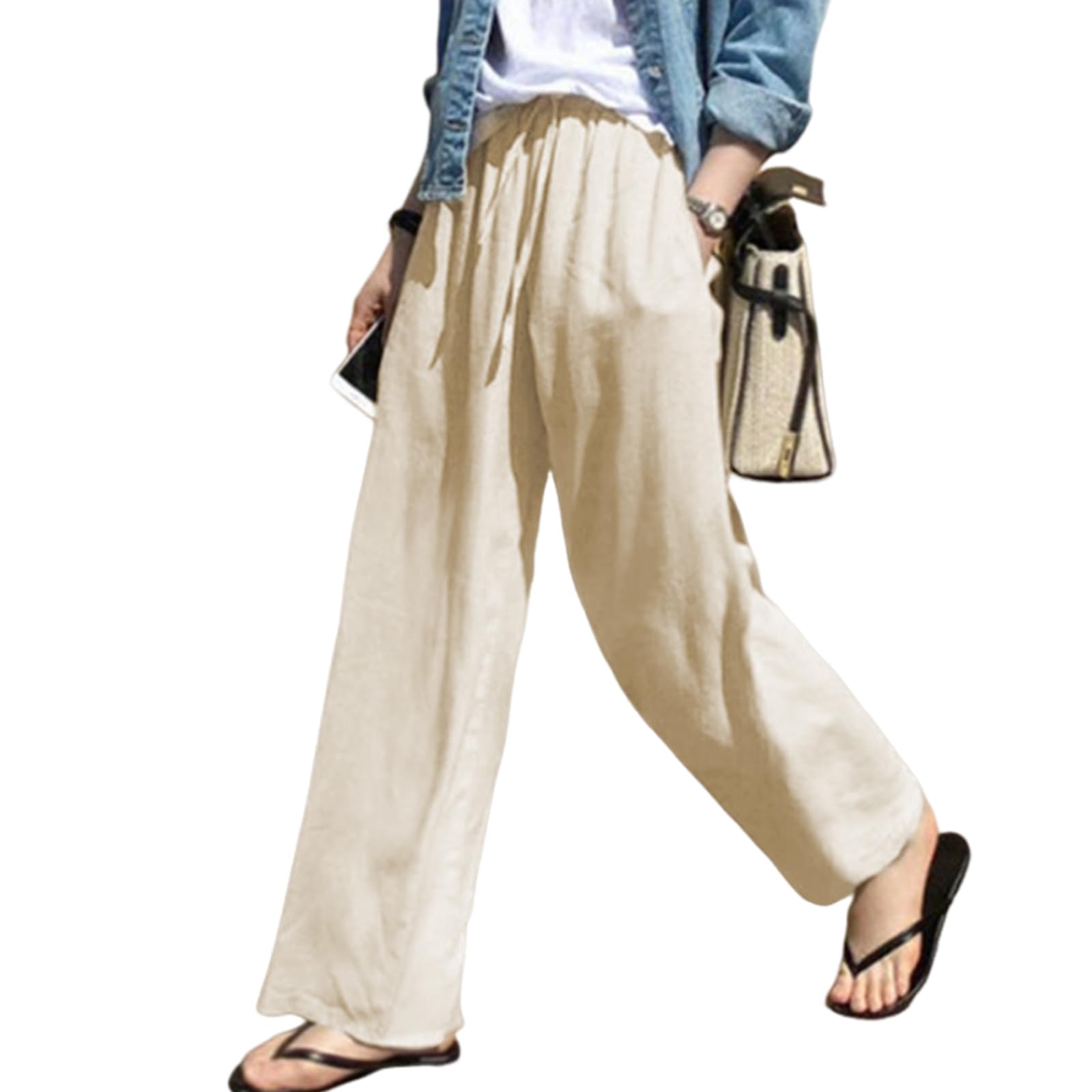 【送料無料】[ZeoYoee] ワイドパンツ レディース ロングパンツ ガウチョパンツ 綿麻 ズボン ウエストゴム ハイウエスト ポケット付き 薄手 通気 無地 ゆったり 大きいサイズ きれいめ 美脚 通勤 カジュアル 日常 春 夏 秋 色：アプリコット、サイズ：M