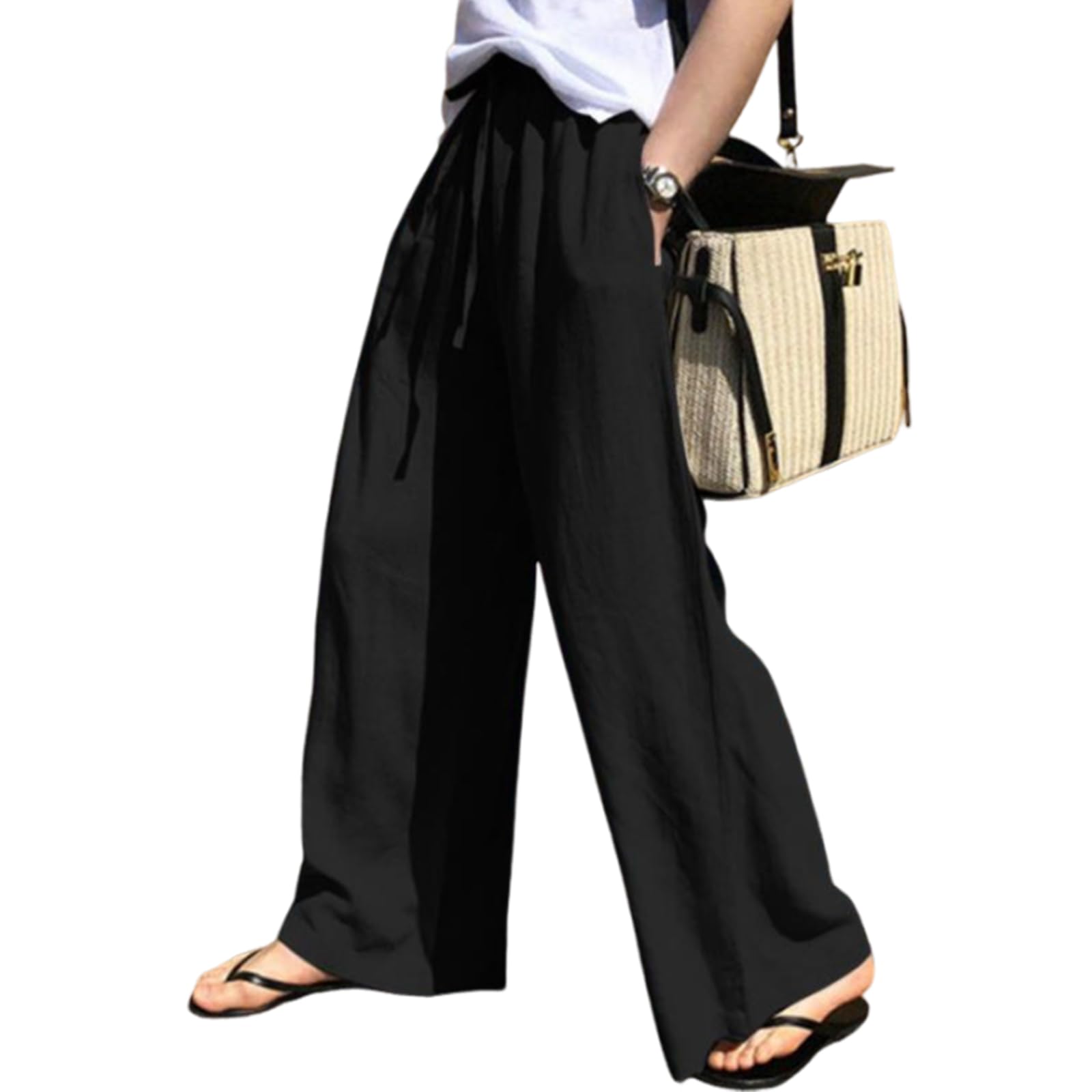【送料無料】[ZeoYoee] ワイドパンツ レディース ロングパンツ ガウチョパンツ 綿麻 ズボン ウエストゴム ハイウエスト ポケット付き 薄手 通気 無地 ゆったり 大きいサイズ きれいめ 美脚 通勤 カジュアル 日常 春 夏 秋 色：ブラック、サイズ：M