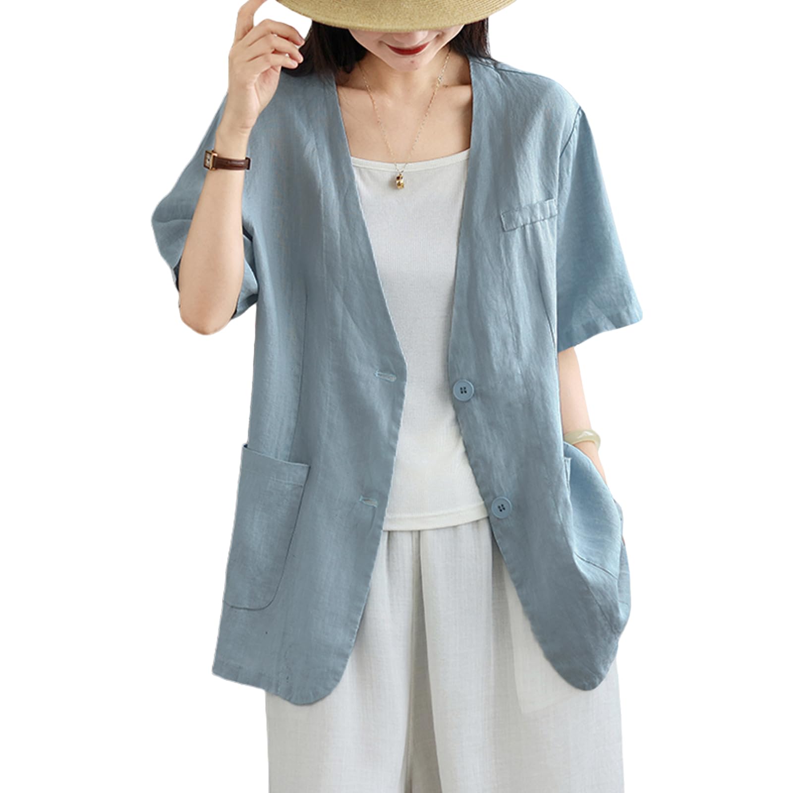 【送料無料】[ZeoYoee] ジャケット レディース テーラードジャケット 半袖 Vネック スーツ アウター トップス ゆったり 体型カバー ポケット付き 無地 薄手 カジュアル 着痩せ オフィス 通勤 春 夏 色：ブルー、サイズ：XL