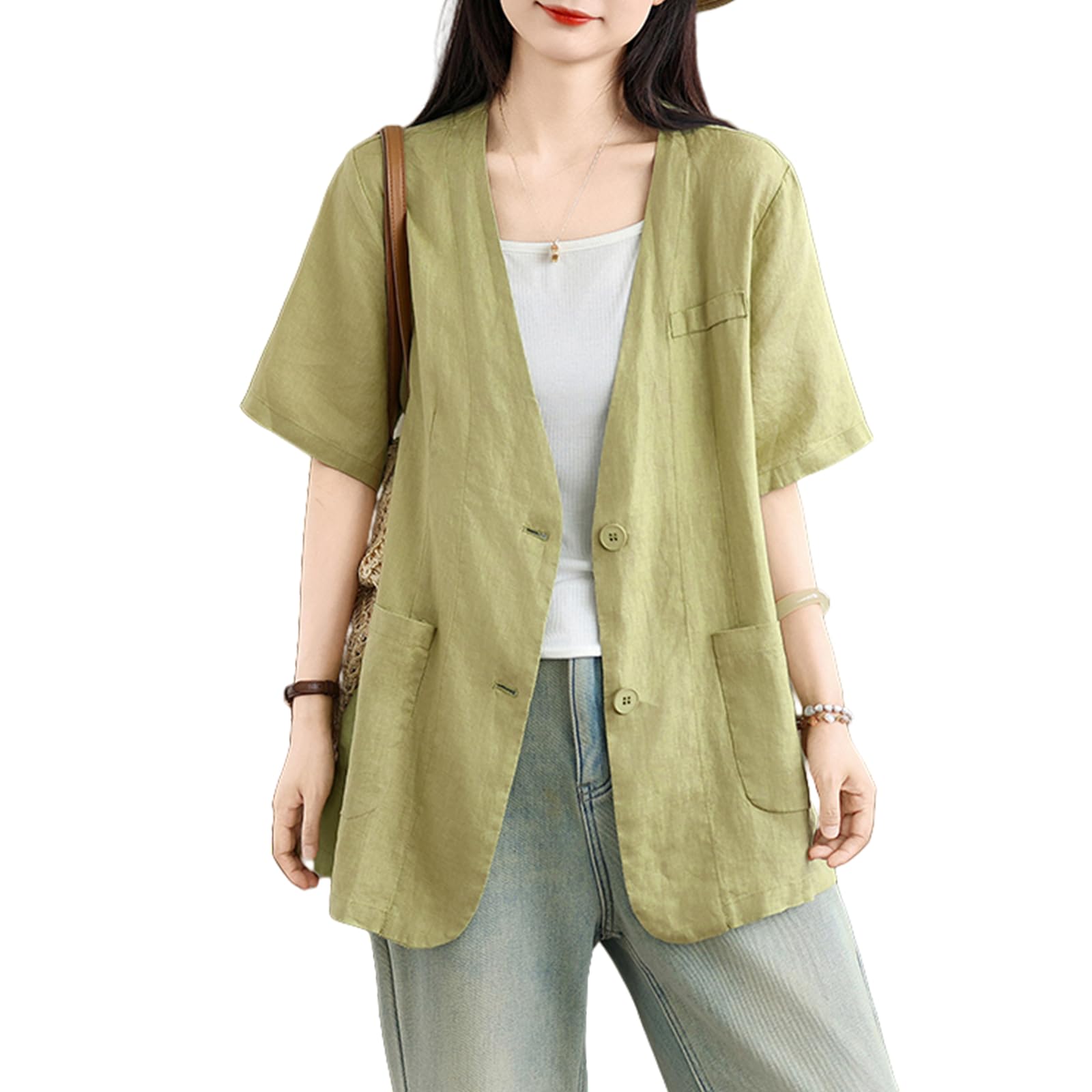 【送料無料】[ZeoYoee] ジャケット レディース テーラードジャケット 半袖 Vネック スーツ アウター トップス ゆったり 体型カバー ポケット付き 無地 薄手 カジュアル 着痩せ オフィス 通勤 春 夏 色：みどり、サイズ：L