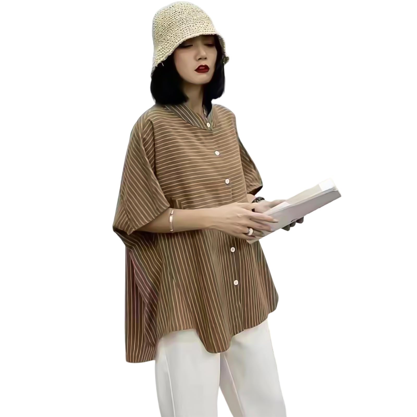 【送料無料】[R10righten] Tシャツ レディース 半袖 トップス カットソー ストライプ 丸首 ドルマンスリーブ ボタン 薄手 ゆったり 体型カバー コットン混 シンプル カジュアル 夏 お出かけ 普段着 大きいサイズ 色：カーキ、サイズ：XL