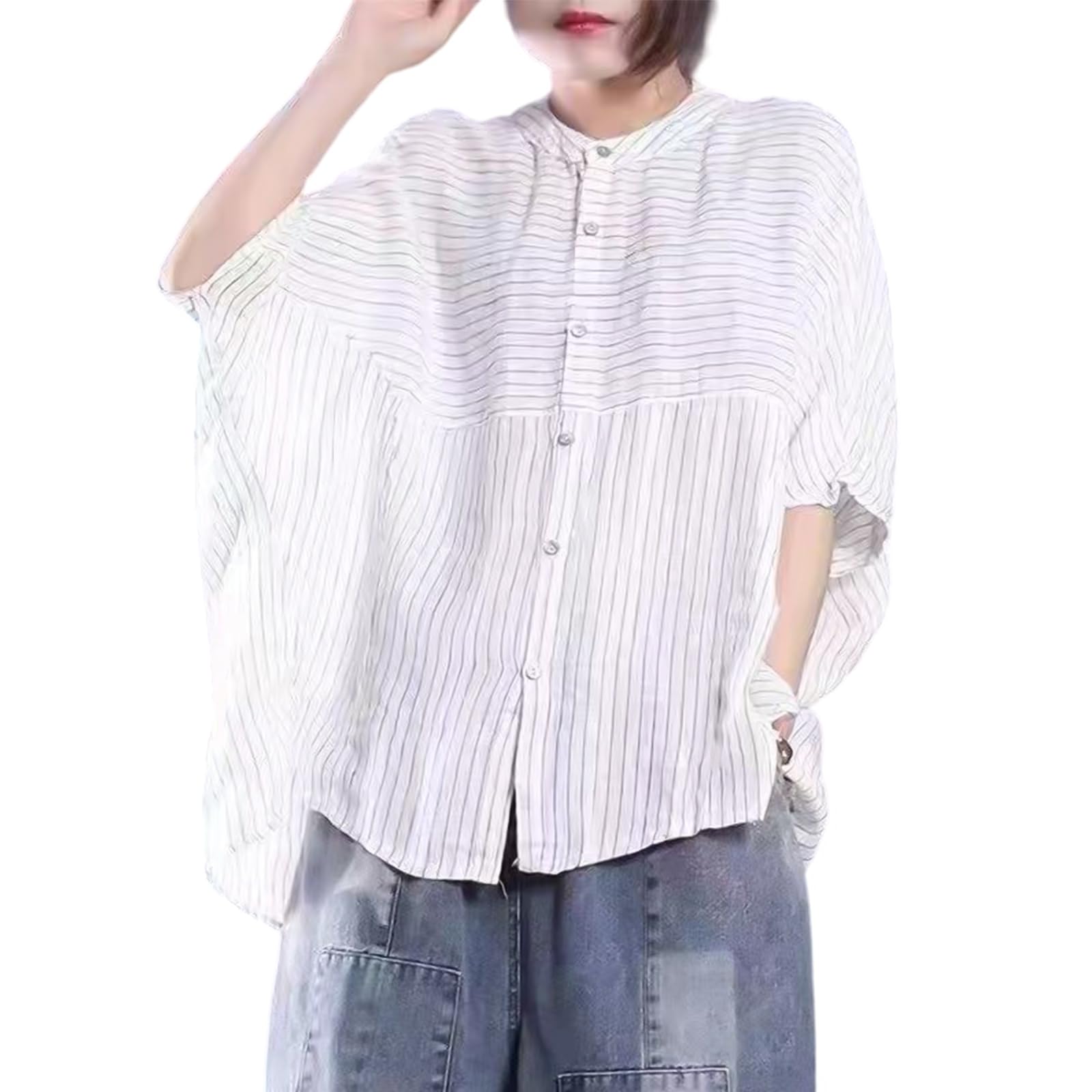 【送料無料】[R10righten] Tシャツ レディース 半袖 トップス カットソー ストライプ 丸首 ドルマンスリーブ ボタン 薄手 ゆったり 体型カバー コットン混 シンプル カジュアル 夏 お出かけ 普段着 大きいサイズ 色：ホワイト、サイズ：M