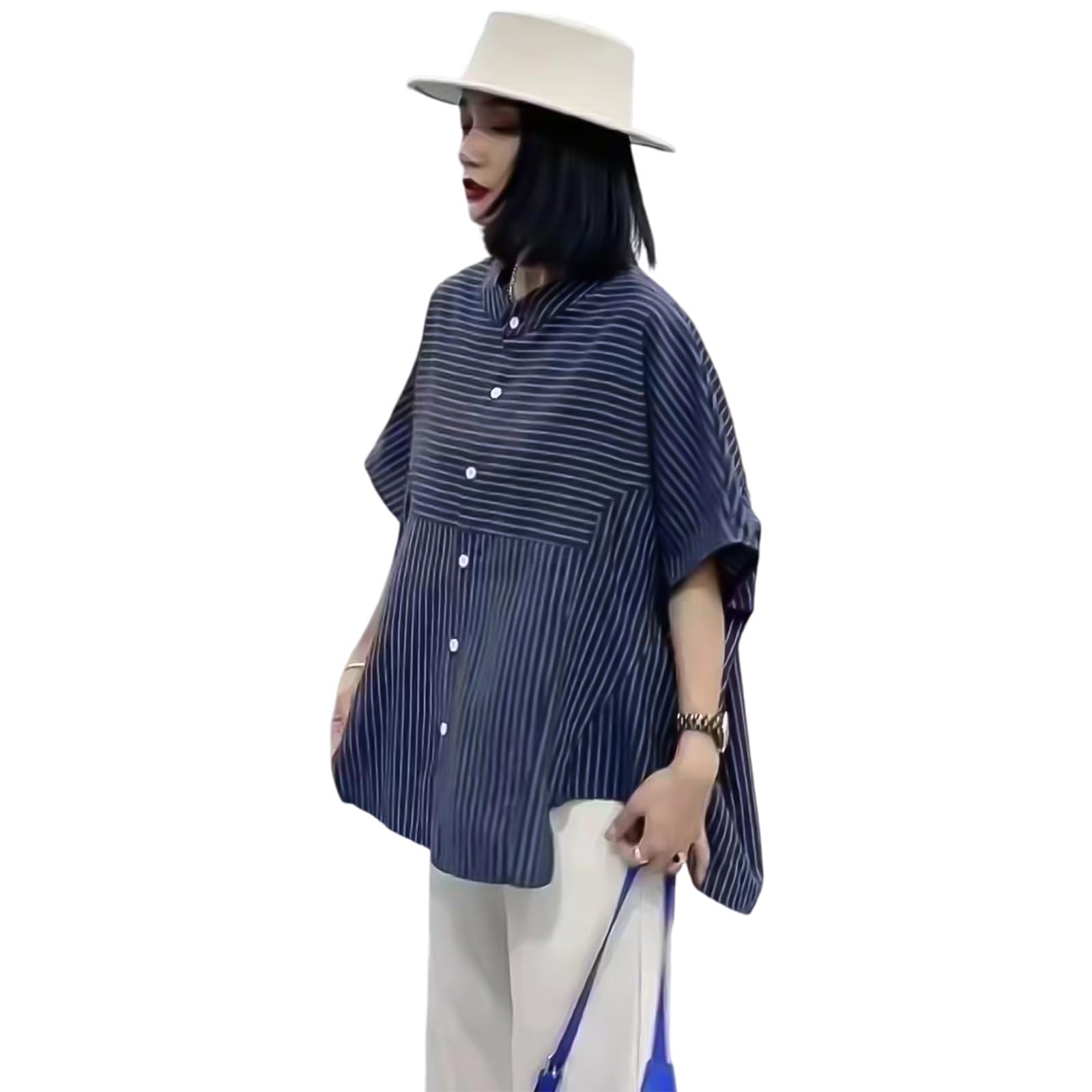 【送料無料】[R10righten] Tシャツ レディース 半袖 トップス カットソー ストライプ 丸首 ドルマンスリーブ ボタン 薄手 ゆったり 体型カバー コットン混 シンプル カジュアル 夏 お出かけ 普段着 大きいサイズ 色：ネイビー、サイズ：M