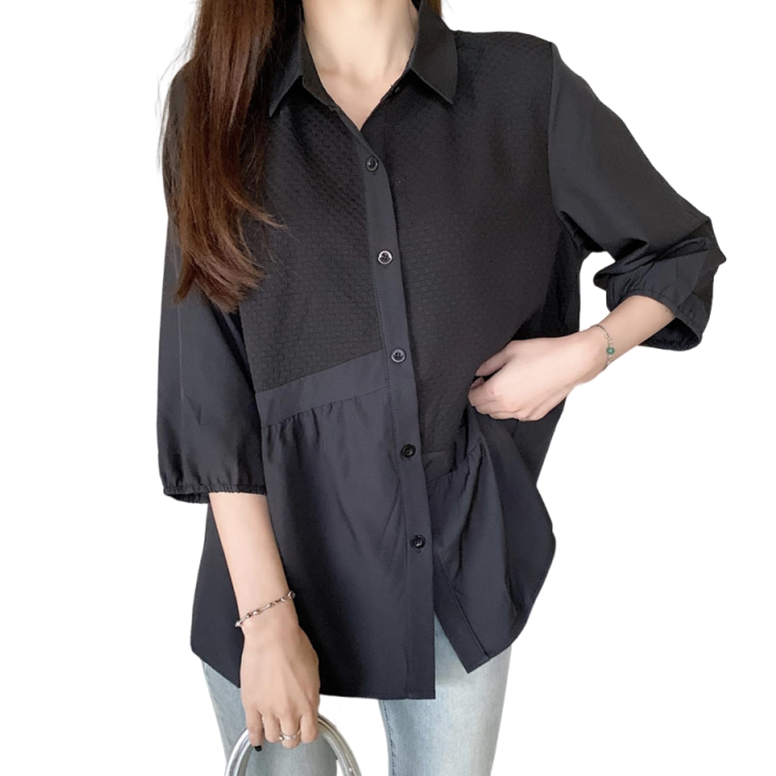 【送料無料】[ZeoYoee] ブラウス レディース 長袖 シャツ トップス 七分袖 襟付き 前開き 切り替え ゆ..