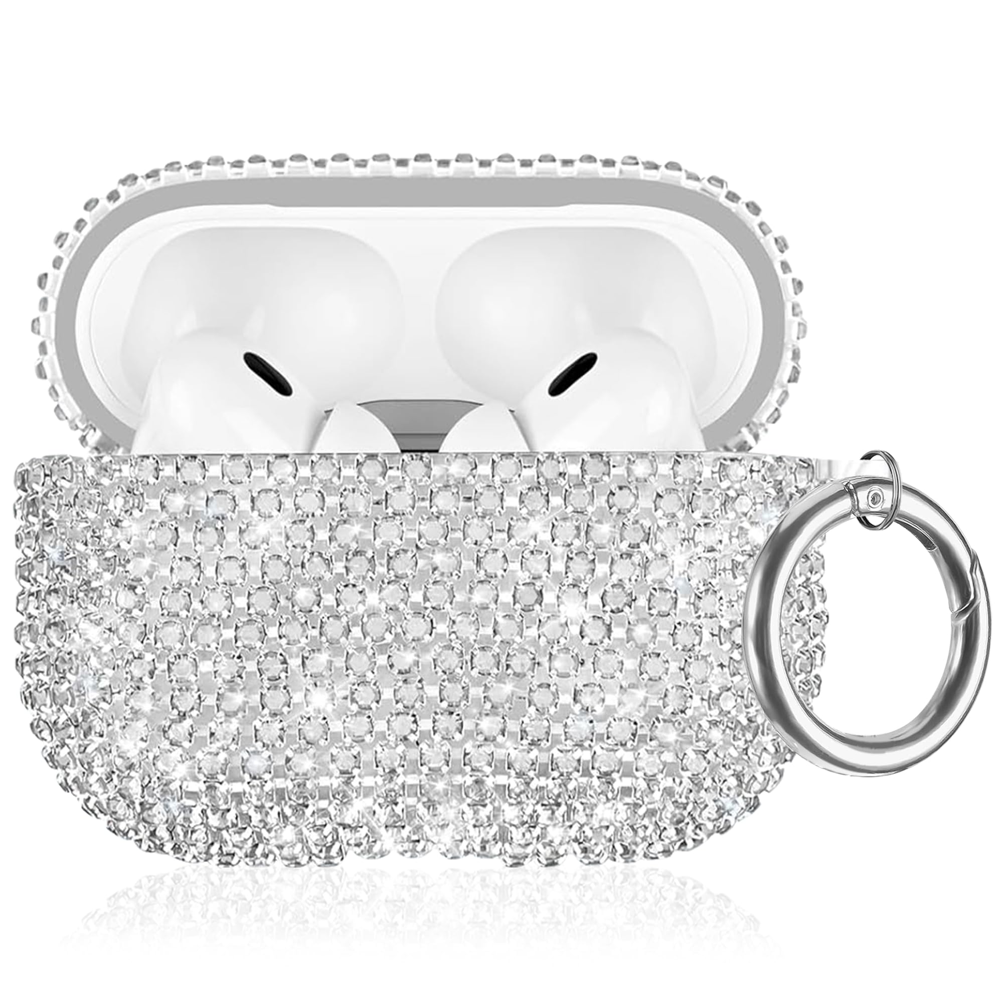 【送料無料】Air podsプロ ケース、Air pods ProとAir pods Pro 2用ダイヤモンドケース、全面保護 落下防止、輝くラインストーンカバー女性へのギフト、カラビナクリップ付き 色：シルバー