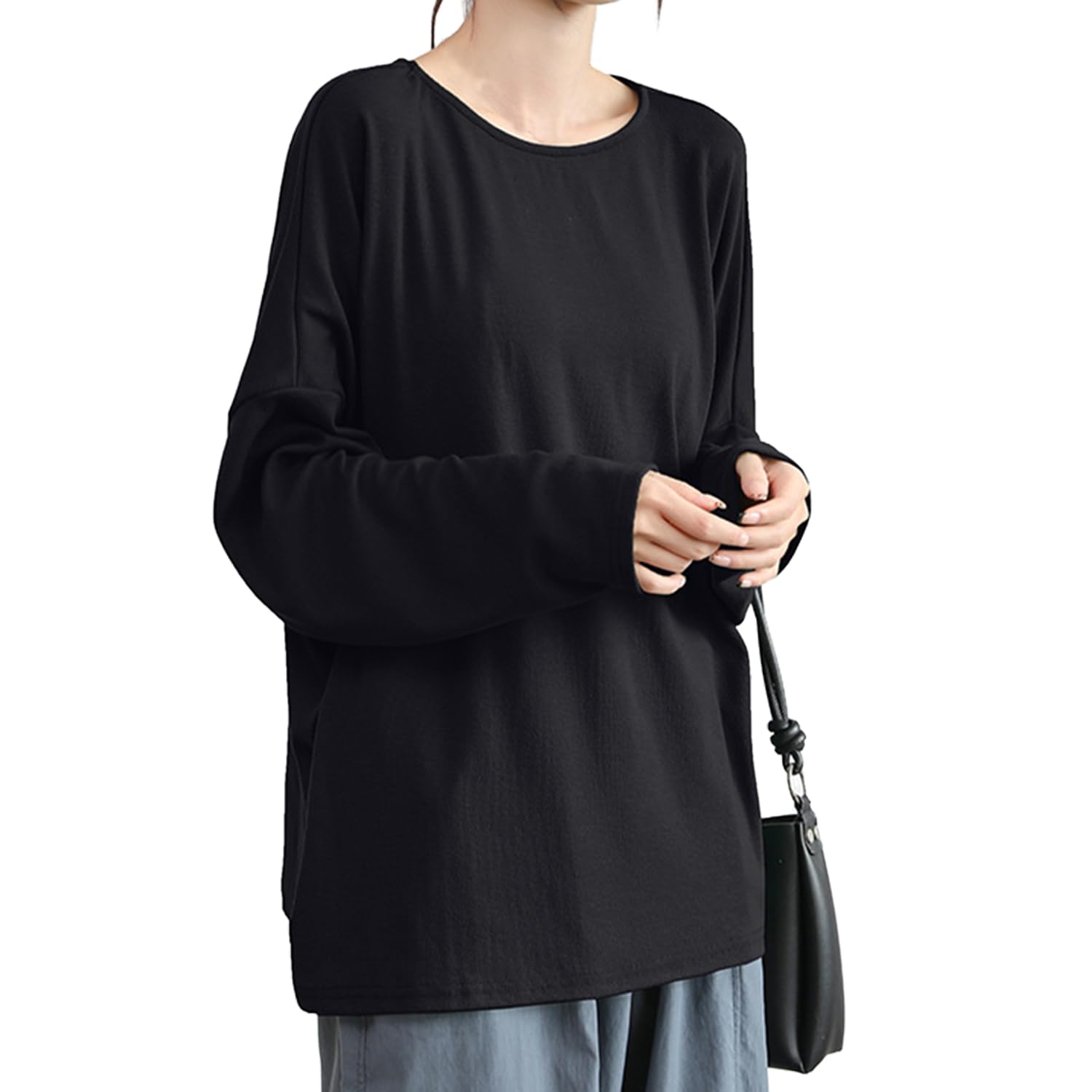 【送料無料】[R10righten] Tシャツ レディース トップス 長袖 カットソー 丸首 ドルマンスリーブ 無地 薄手 快適 柔らかい 体型カバー ゆったり エレガント カジュアル 大人 お出かけ 通勤 春 秋 着痩せ 色：ブラック、サイズ：L